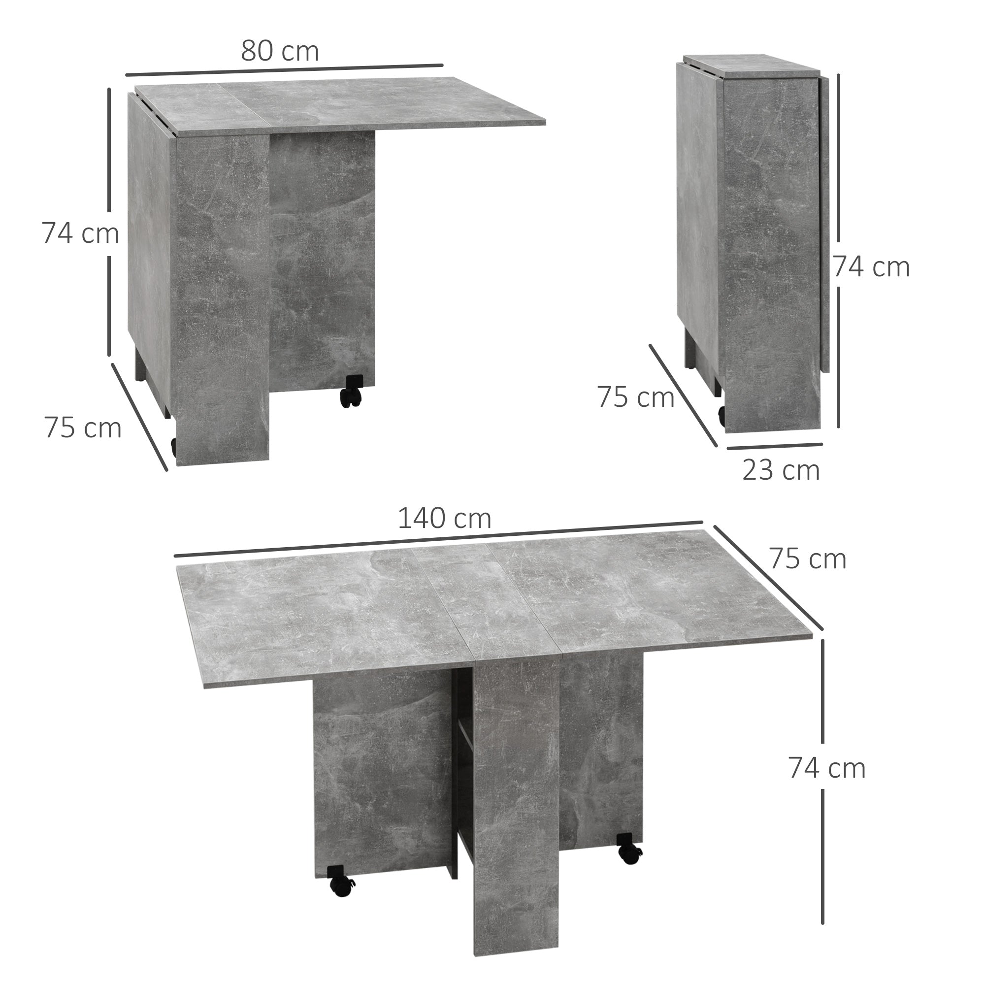 Folding Dining Table, Drop Leaf with 2-Tier Shelves & Casters, Cement Grey