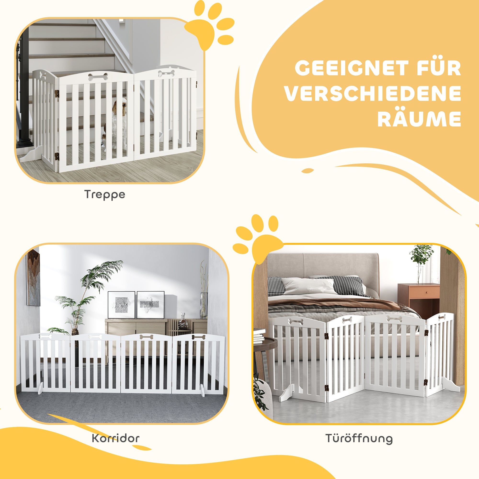 Dog Gate 4-Piece Set, Foldable Freestanding Stair Gate 207.5x61cm, White