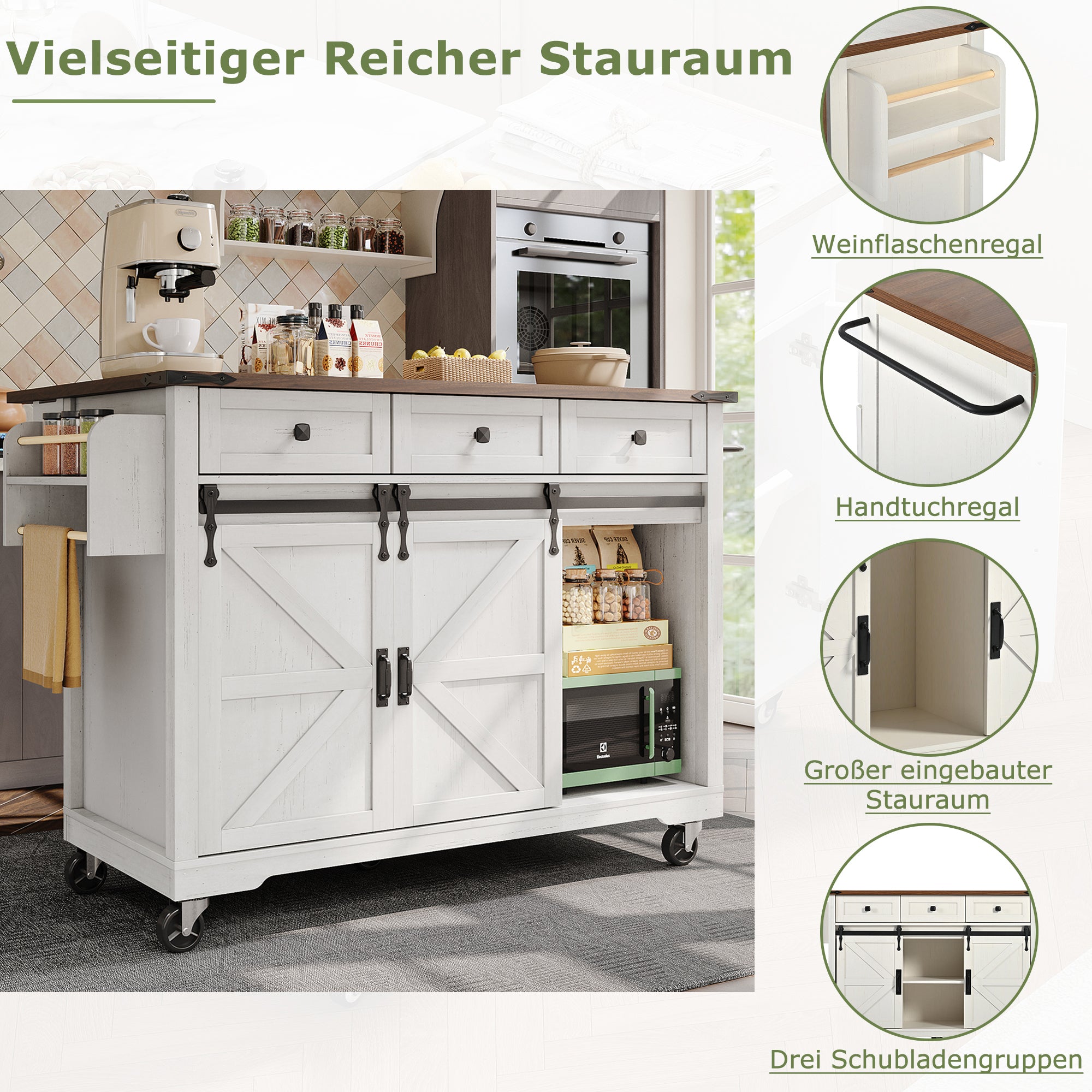 Kitchen Island Mobile Extendable Worktop 2 Sliding Doors 3 Drawers - Wood Grain