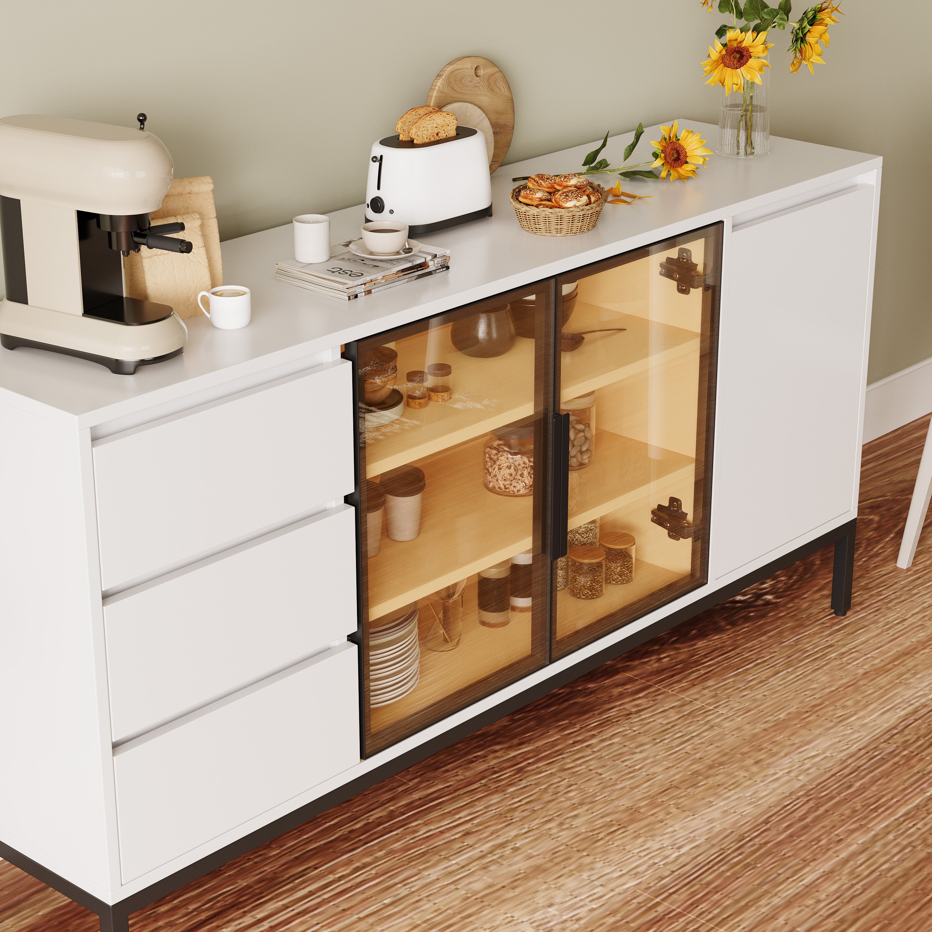 Buffet Cabinet with Doors, 3 Drawers & Display Storage - White