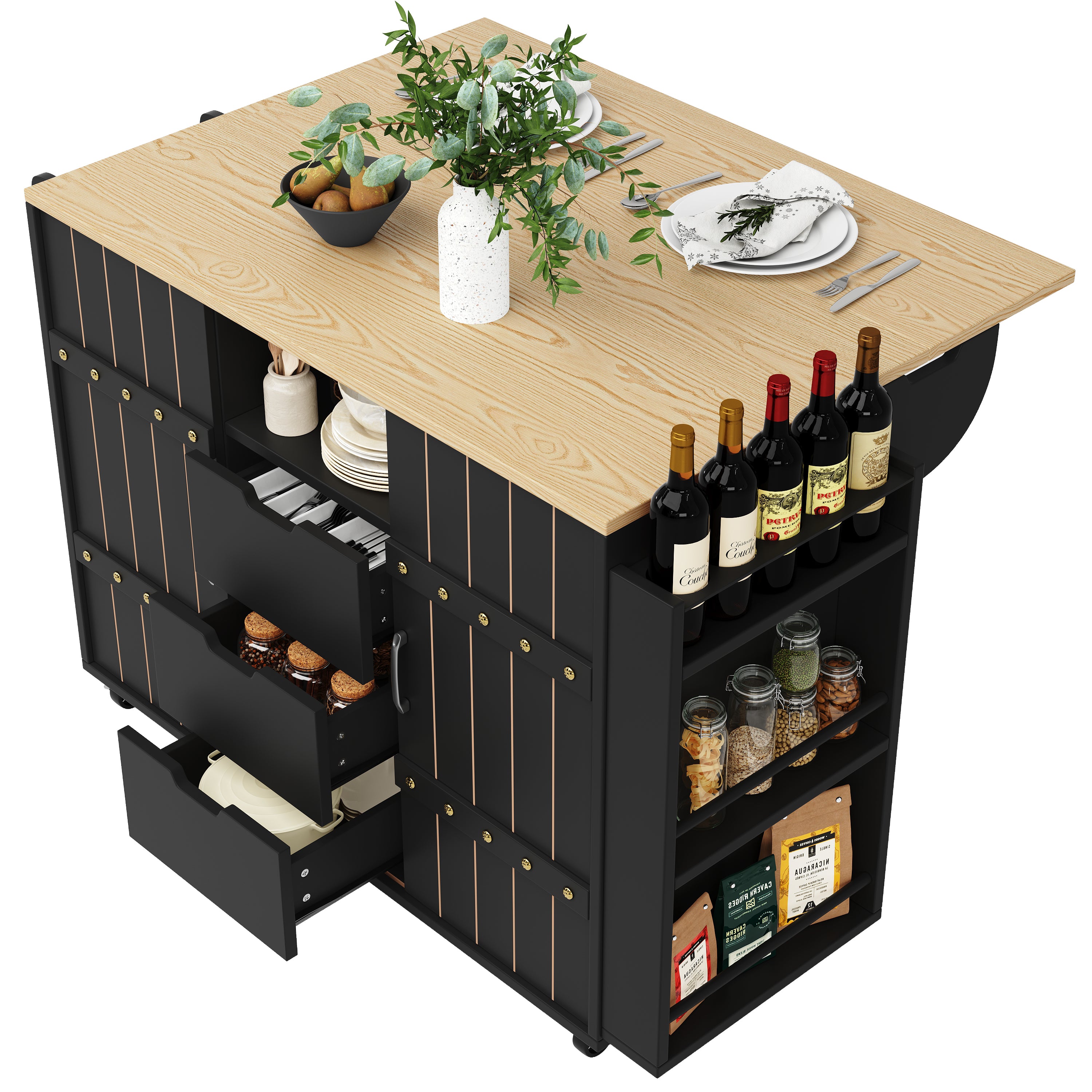 Kitchen Serving Cart Mobile Island with Worktop Sliding Doors Drawers Spice Rack Black