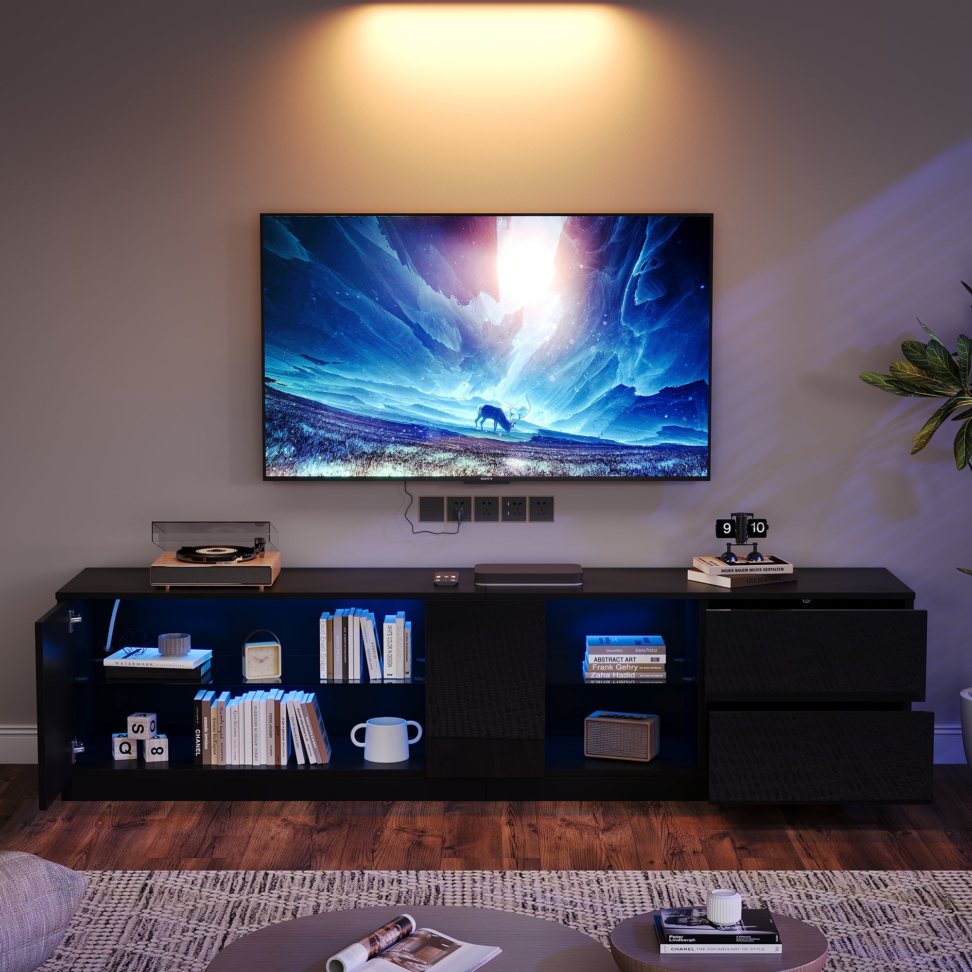 TV Stand, 160x40x52cm LED Lighting for 65" TVs, High-Gloss Black