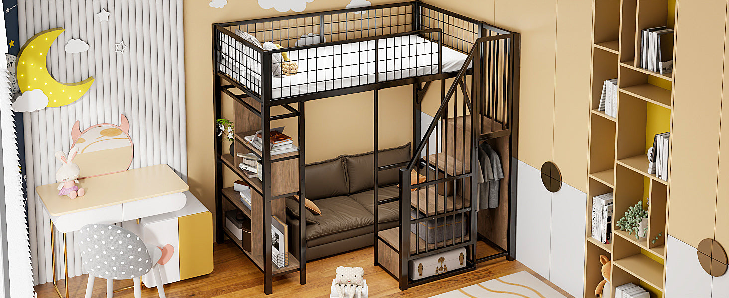 Loft Bed, 90 x 200 cm, Storage, Shelves & Stairs, Metal Black