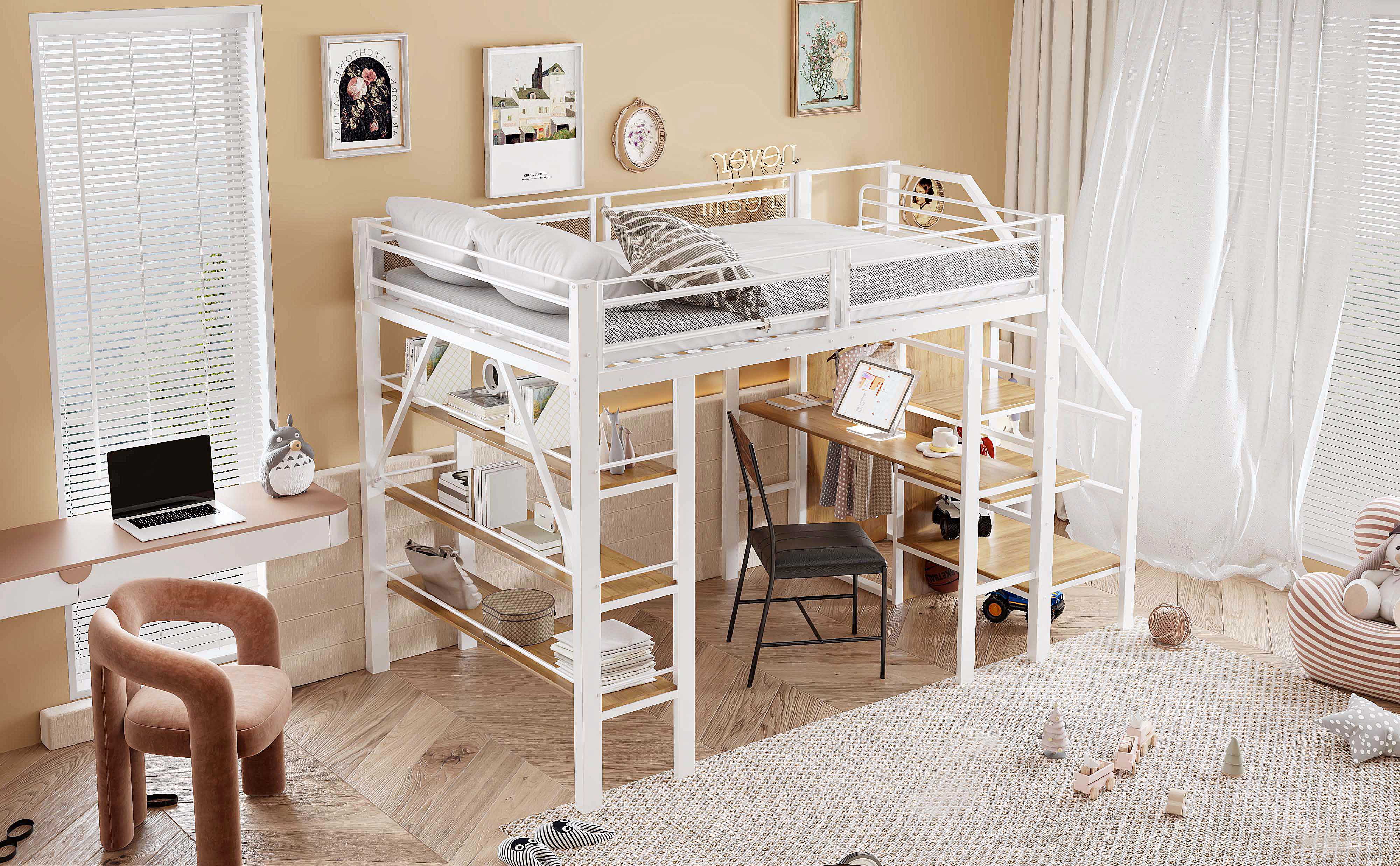 Loft Bed, 140x200cm with Storage Shelf, Desk, Wardrobe, Safety Steps, Iron, White