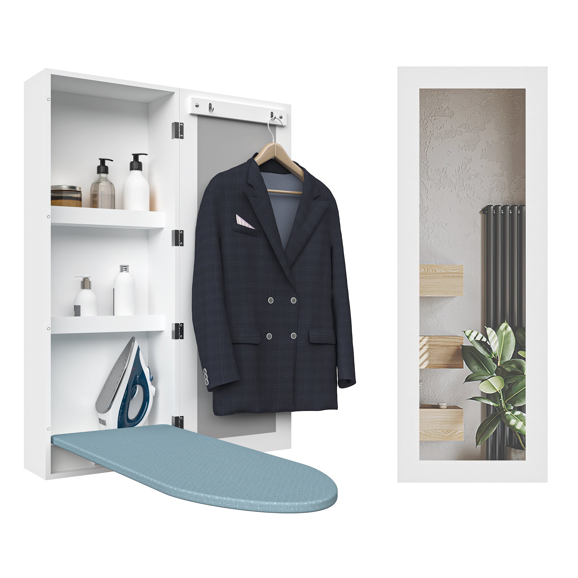 Wall Mounted Ironing Board, Cabinet with Folding Frame & Mirror, for Small Spaces