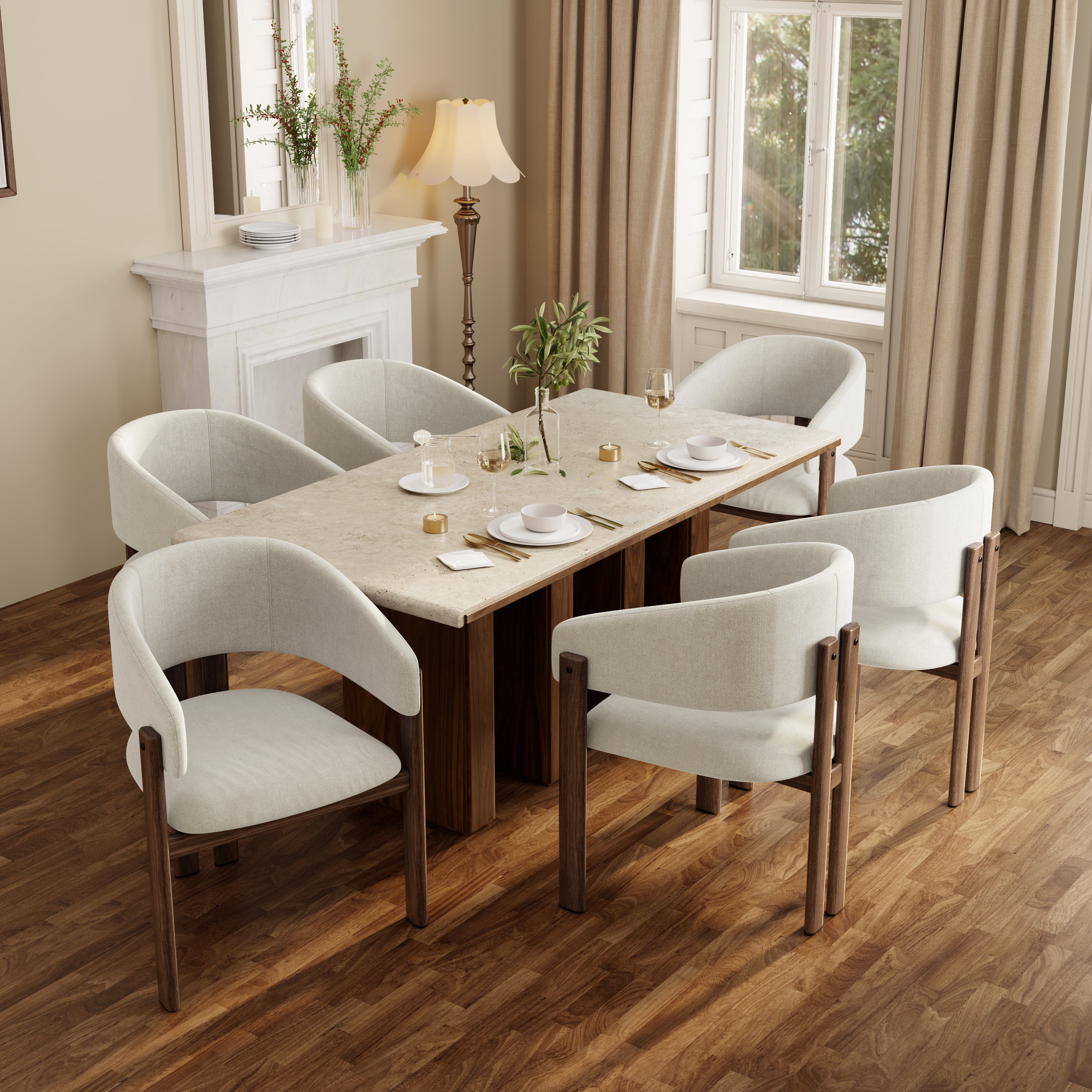 Dining Chairs, Set of 6 with Metal Legs and Wood Look, Linen Fabric, Walnut Wood Color