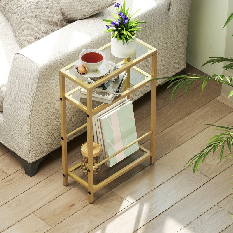 3-Tier Side Table with Storage Shelf and Tempered Glass Tabletop, Gold Tone