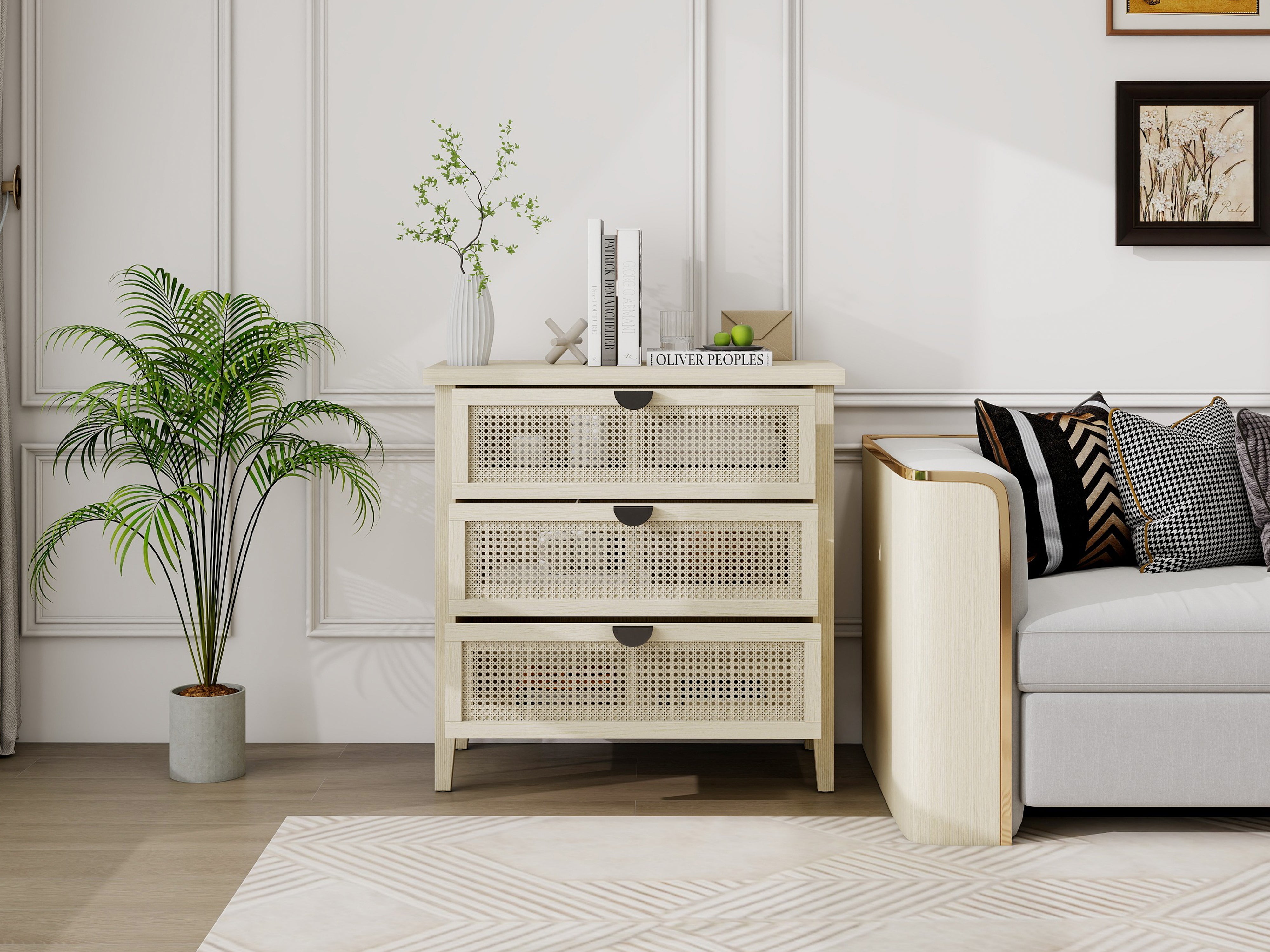 Side Cabinet 31.5" Three-Drawer Storage Natural Wood Look