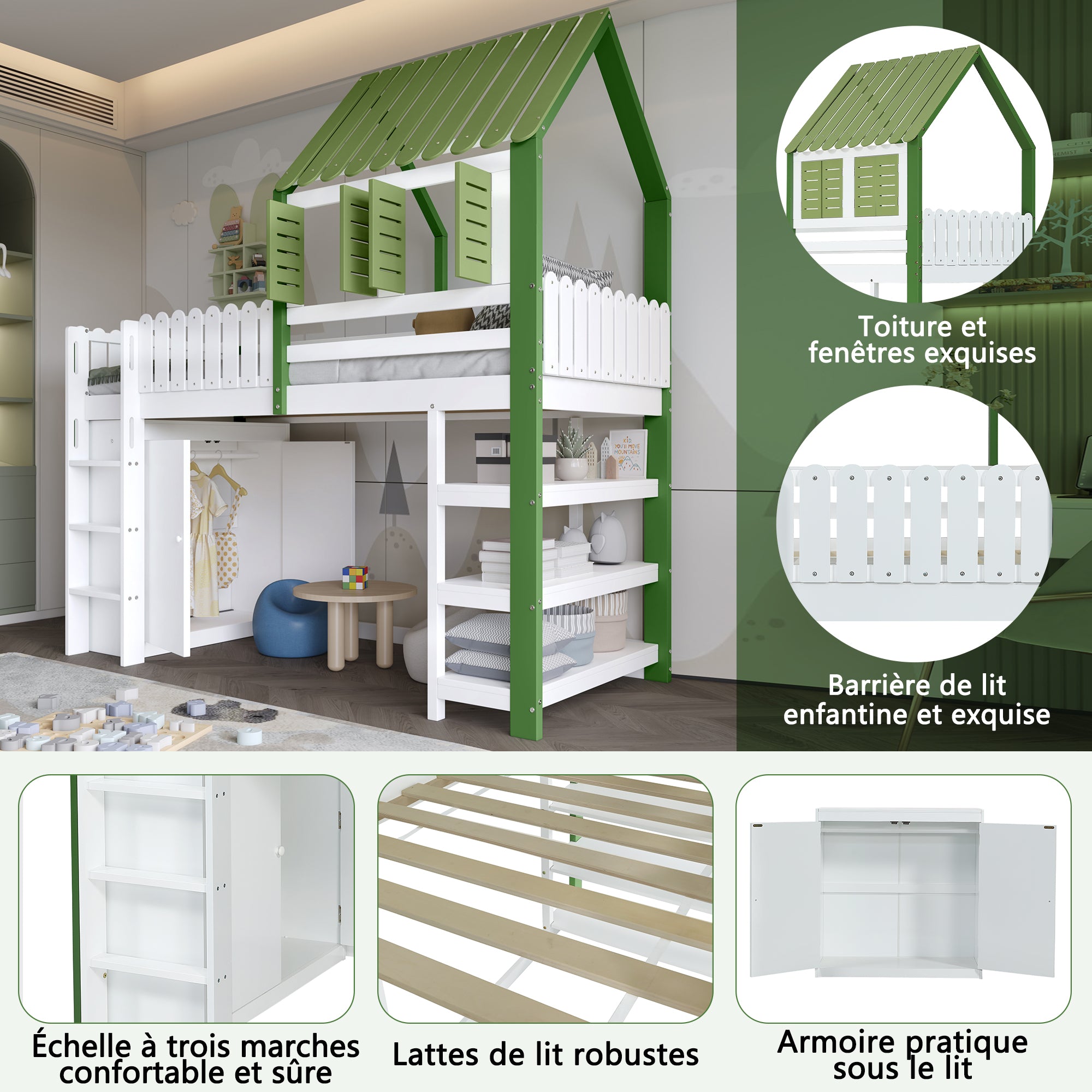 Loft Bed, Children's with Wardrobe & Ladder, Pine+MDF+Plywood, White+Green