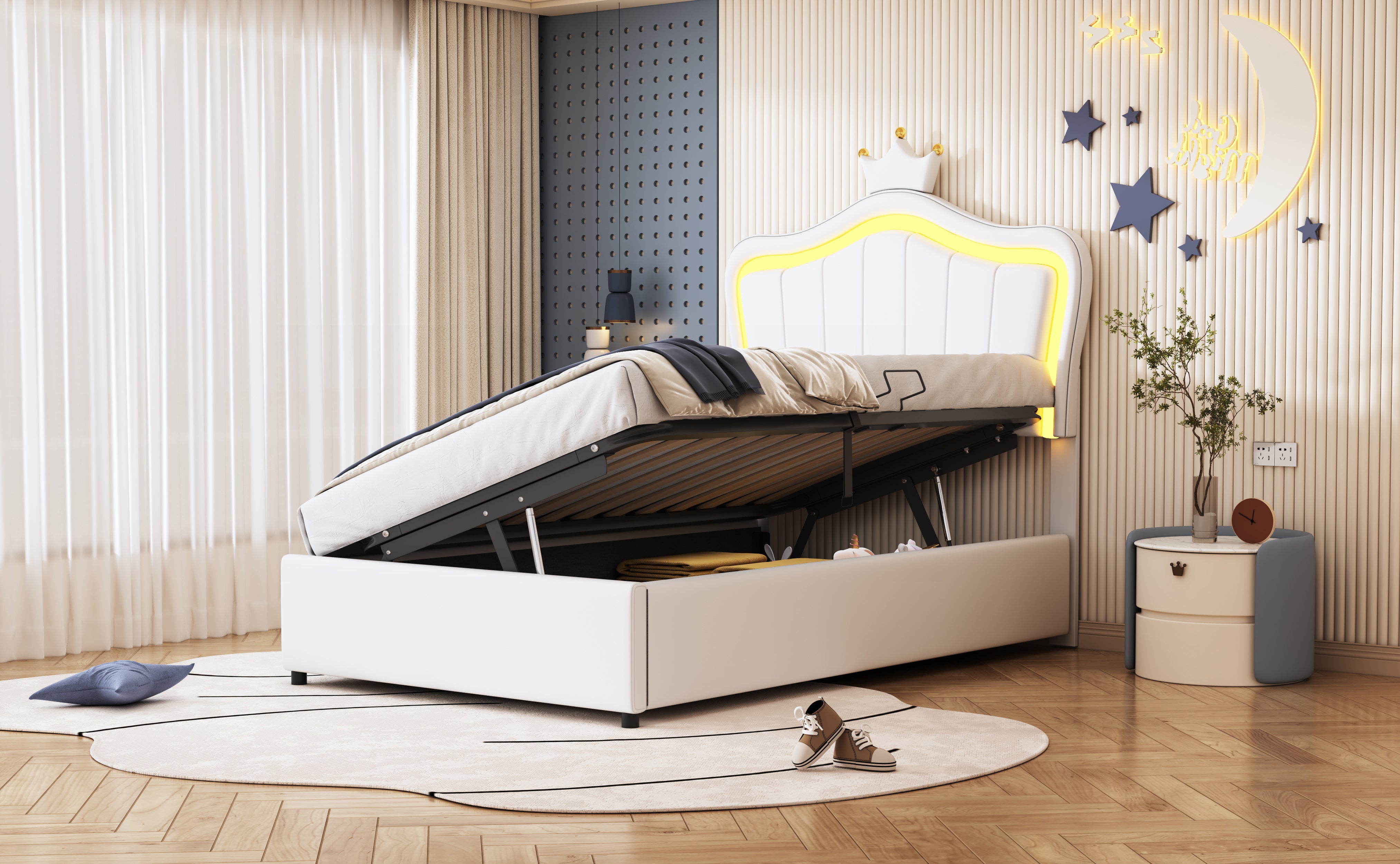 Upholstered Children's Bed 90x200 cm, Crown Design, LED Lighting, Hydraulic Storage, White Artificial Leather