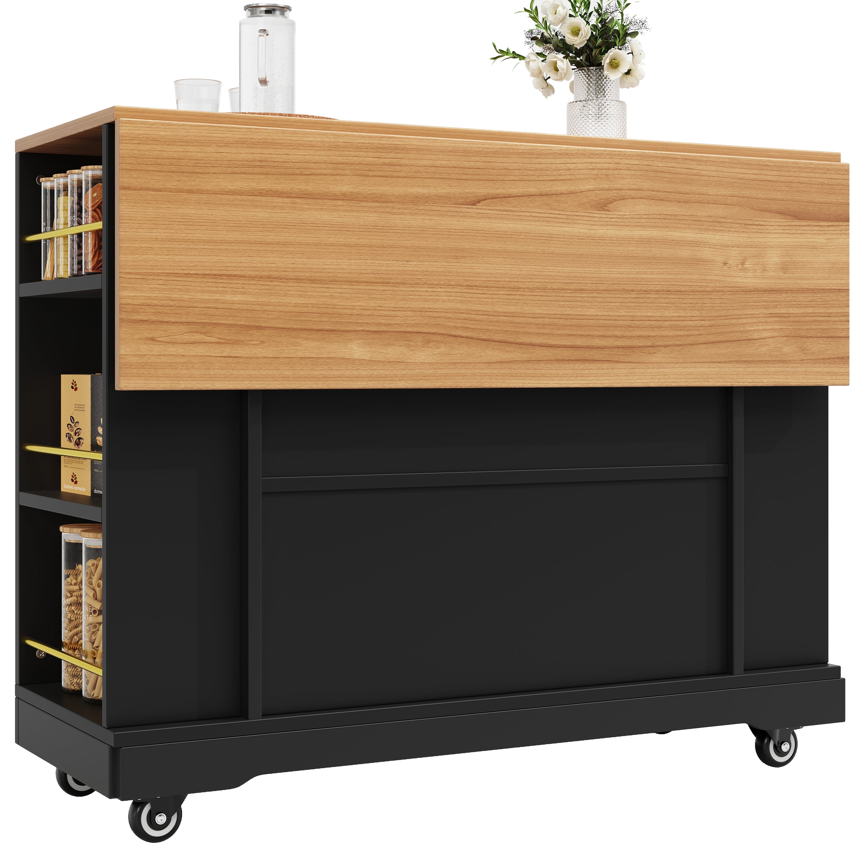 Modern Kitchen Island with Storage and Extendable Tabletop, Black Wood Grain Finish