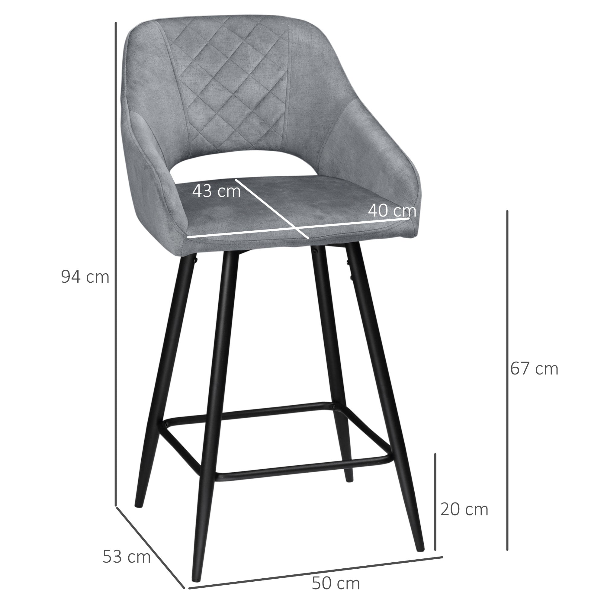 Bar Stool Set 2-Piece with Footrest, Seat Cover - Steel, Grey