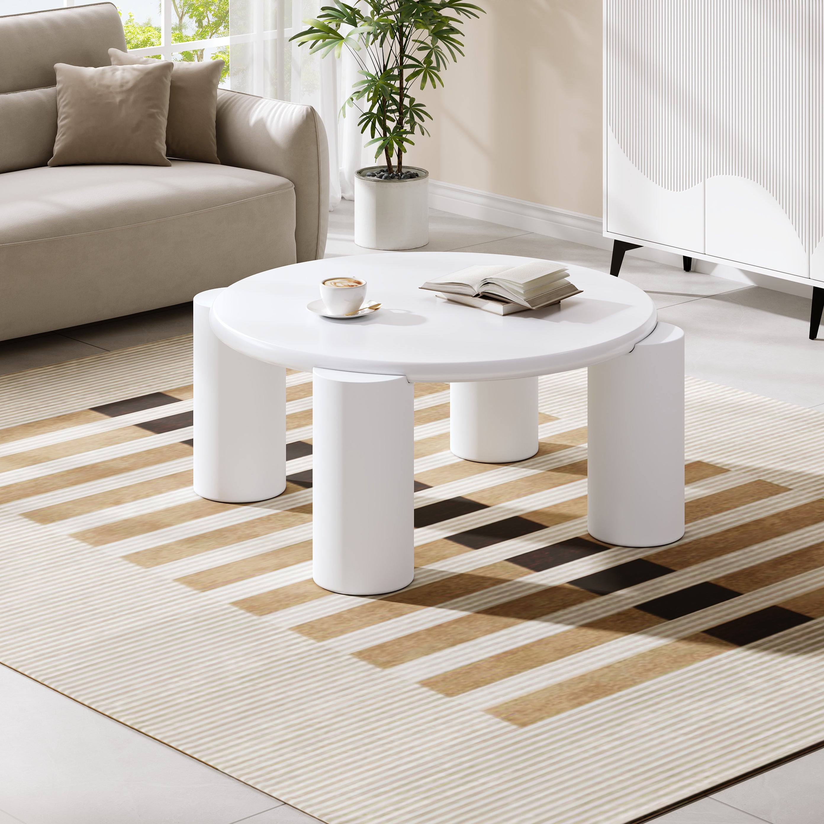 White Cloud Coffee Table, Modern Round Edge with 4 Sturdy Support Legs, Small, White