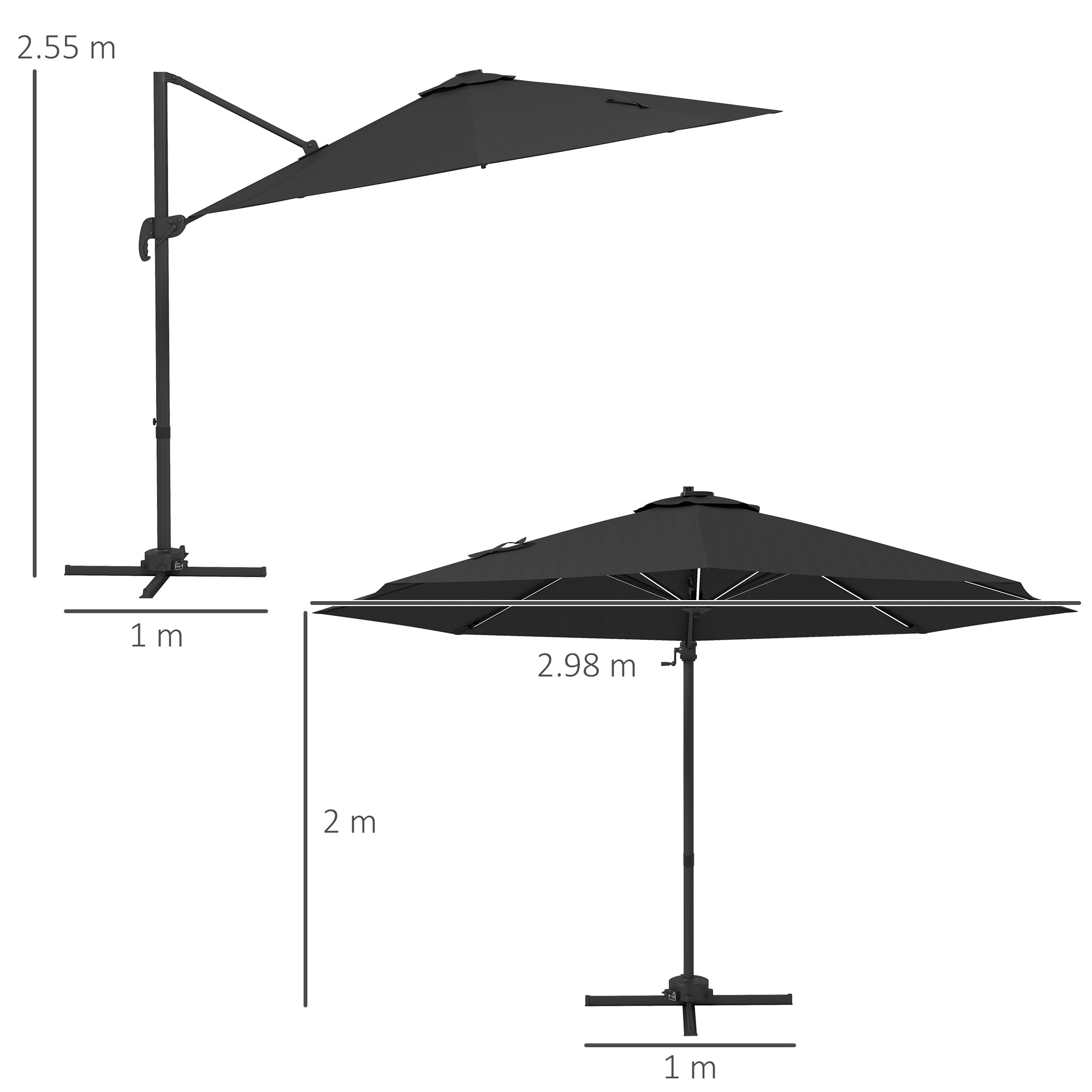 Cantilever Parasol, 3m Adjustable with Base Solar LED Lights, Dark Grey