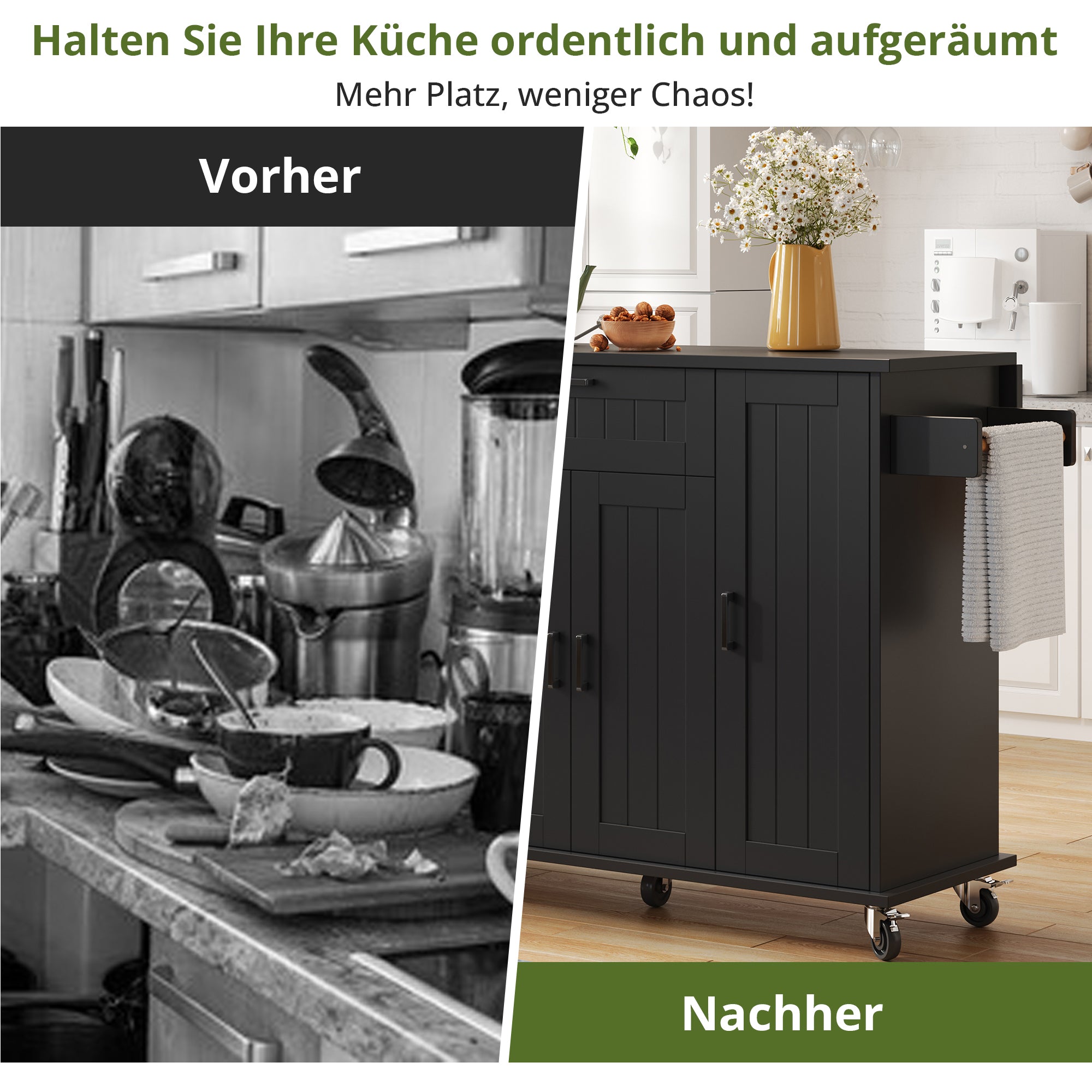 Mobile Kitchen Island with Folding Worktop and Storage Cabinet 4 Doors Black