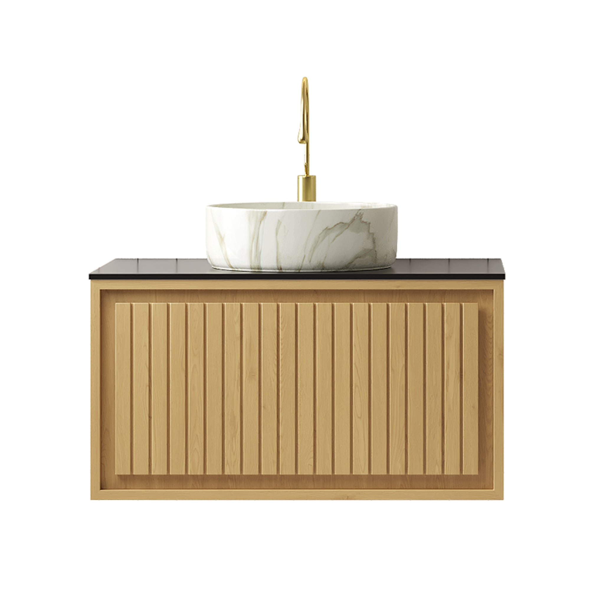 Wall-Hung Bathroom Sink with Sintered Stone Countertop and Ceramic Basin, Corolla Oak Wood Grain