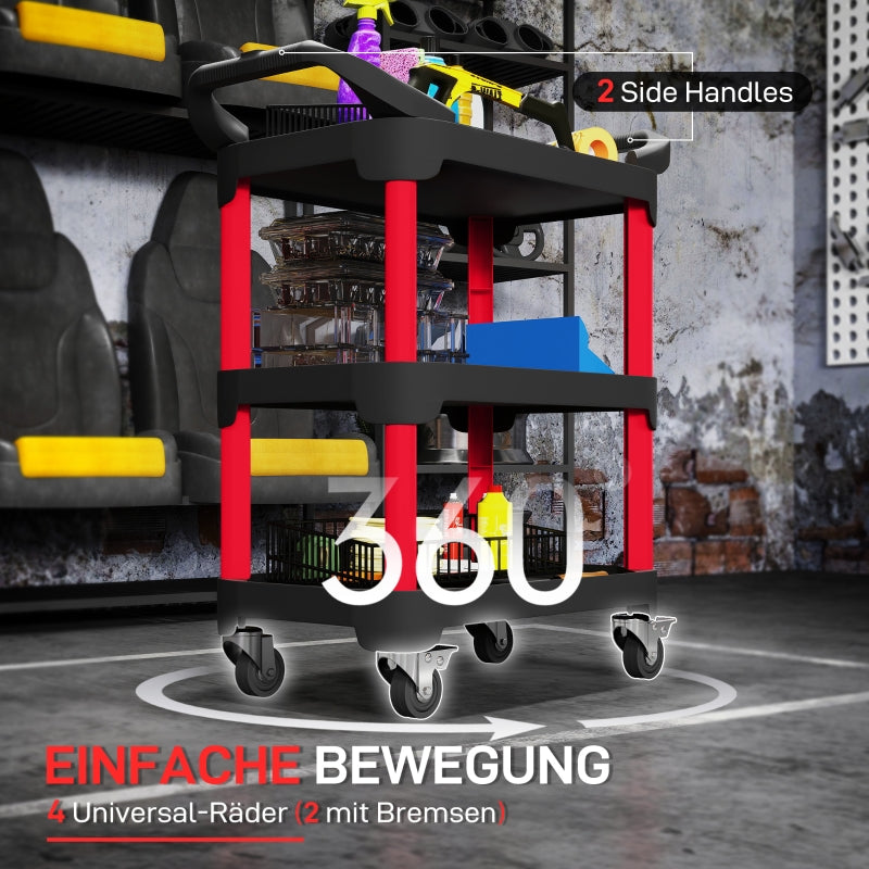 Workshop trolley with 3 levels, handle, 68 kg load capacity, black