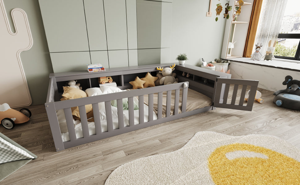 Multifunctional Children's Bed with Storage, Safety Gate & Slatted Frame, Grey