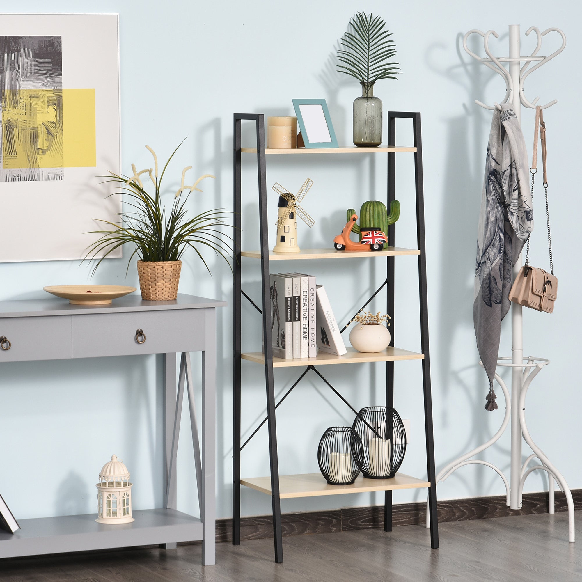 Ladder Shelf Bookshelf 4-Tier Industrial Storage Rack, Oak and Black