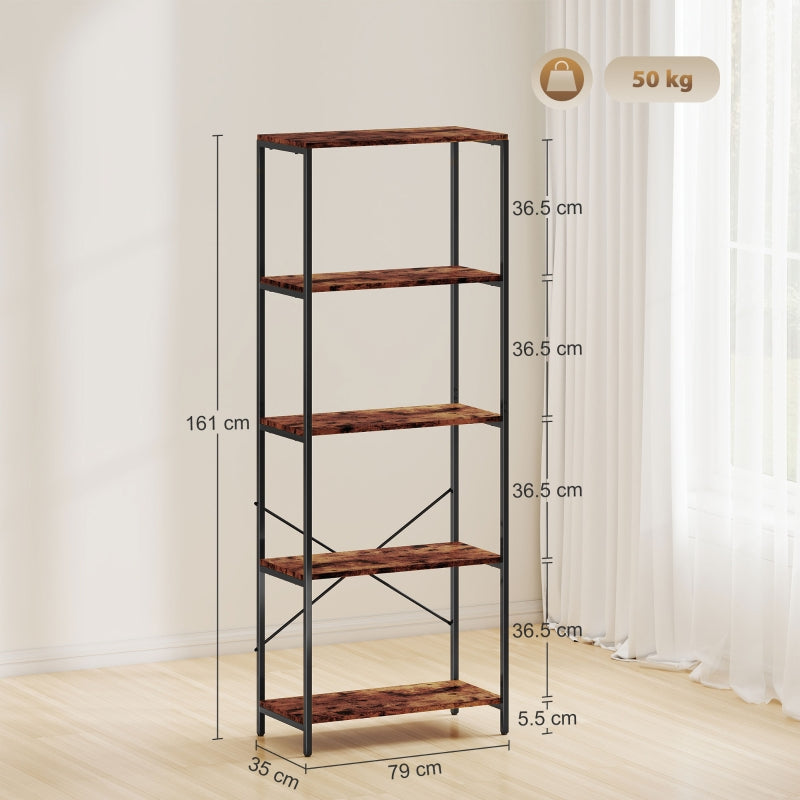 5-Tier Bookshelf Industrial Metal Frame Bookcase Rustic Brown and Black