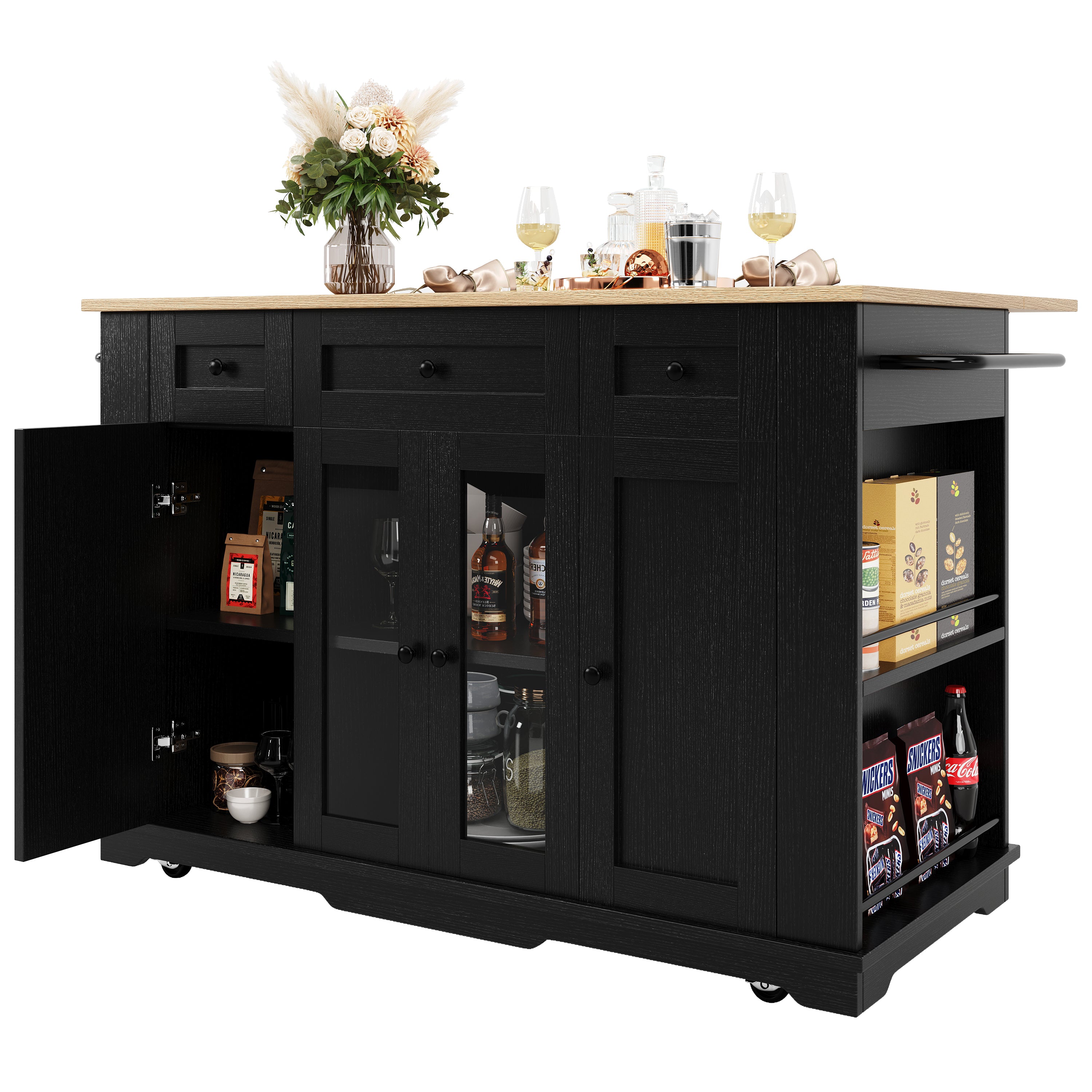 Kitchen Island, Removable Dividers, Dining Cart with Tempered Glass, Black