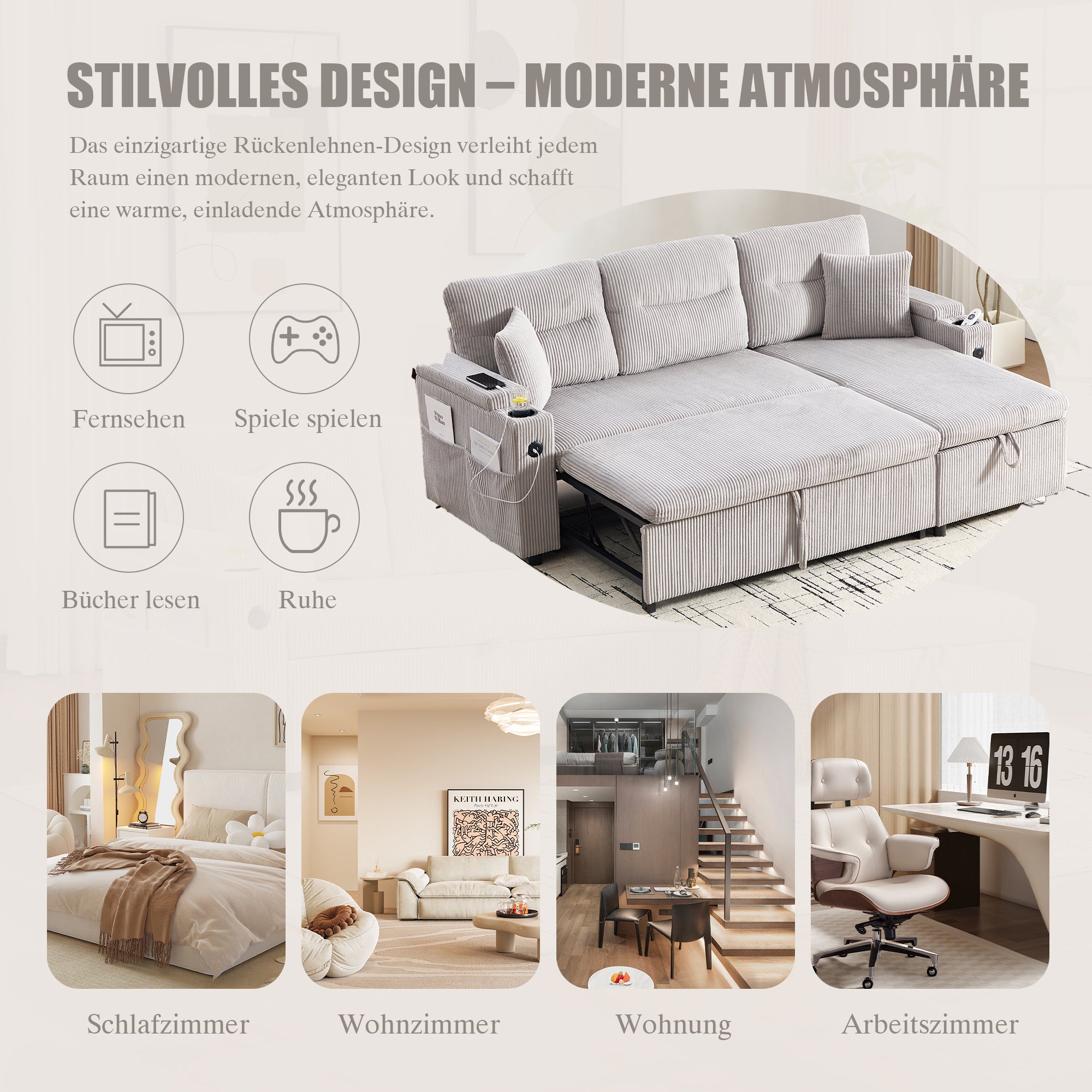 Modern 3-Seater Sofa with Storage, Cup Holders, USB-C and Pull-Out Bed, Corduroy