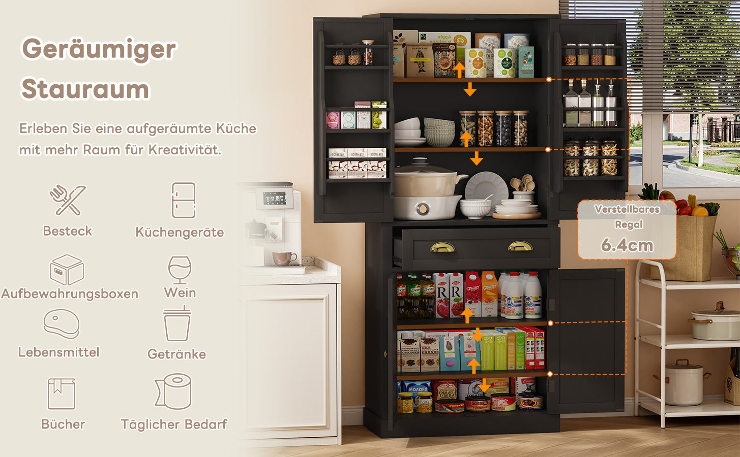 Storage Cabinet 182cm 4 Doors 1 Drawer Adjustable Shelves - Black