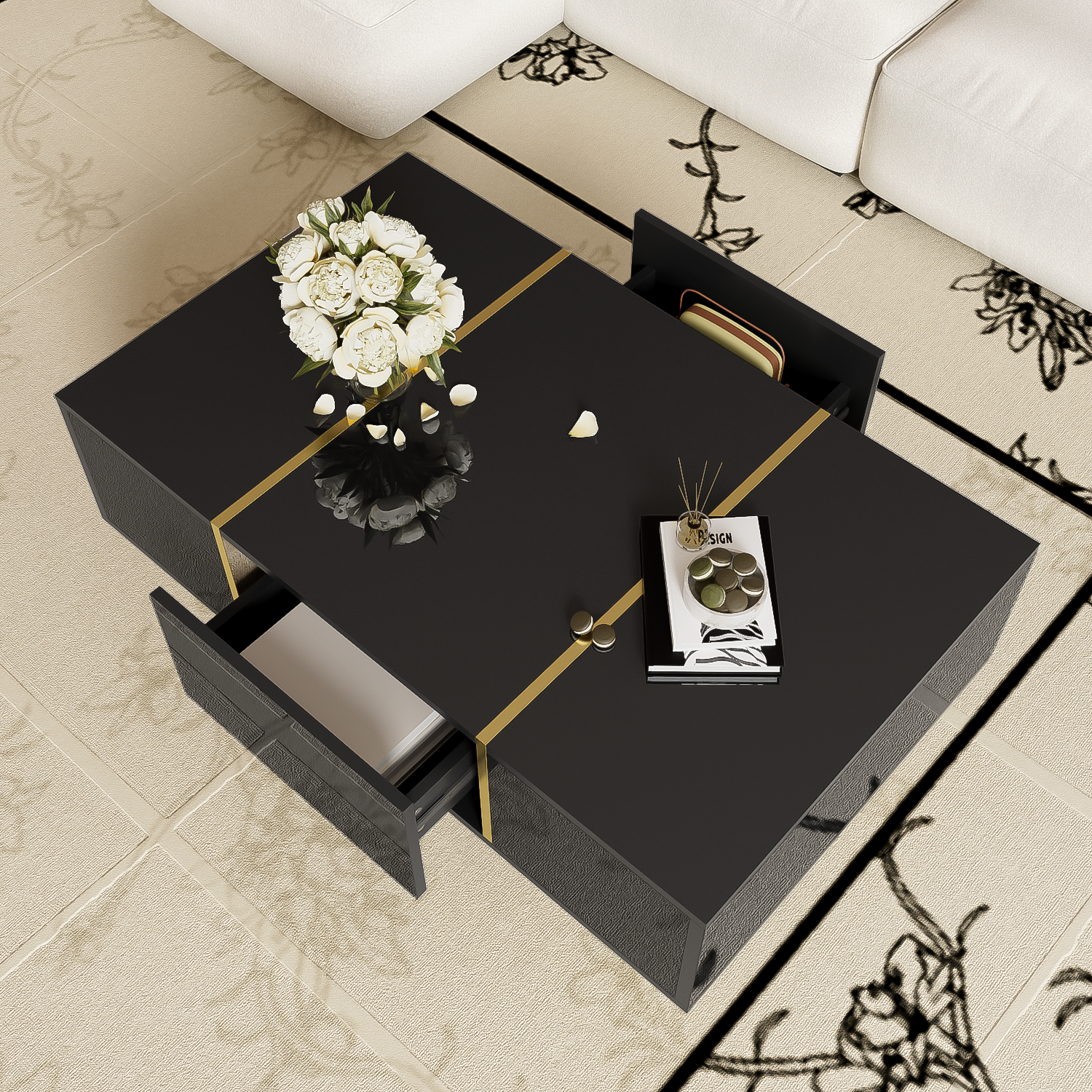 Modern Coffee Table, High Gloss with 2 Drawers, Black