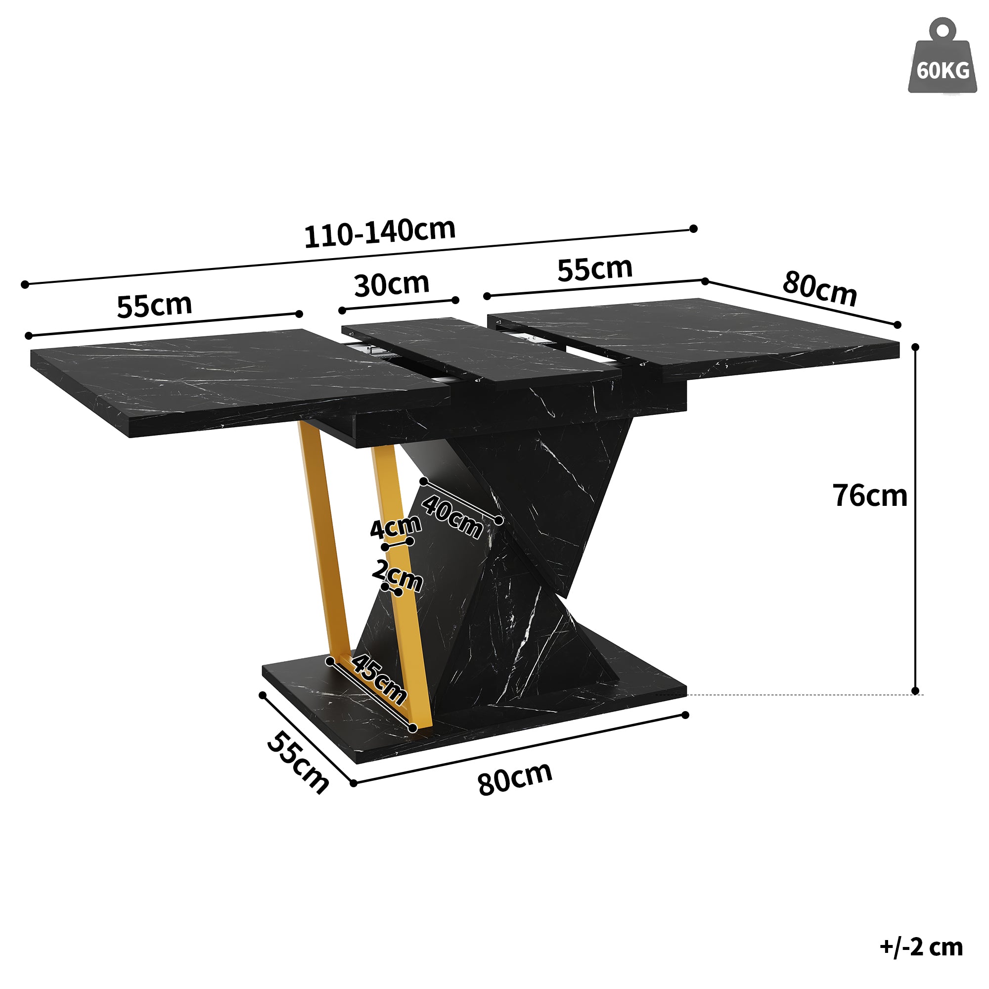 Extendable Dining Table 110-140x80cm 6 Seater Wood - Black