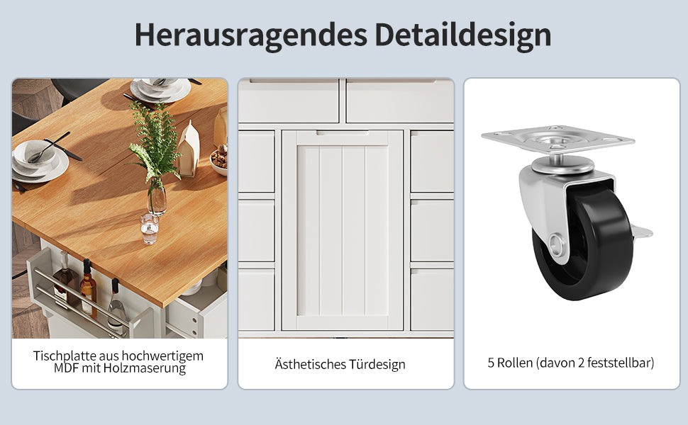 Extendable Kitchen Island Trolley 8 Drawers Worktop Wheels - White