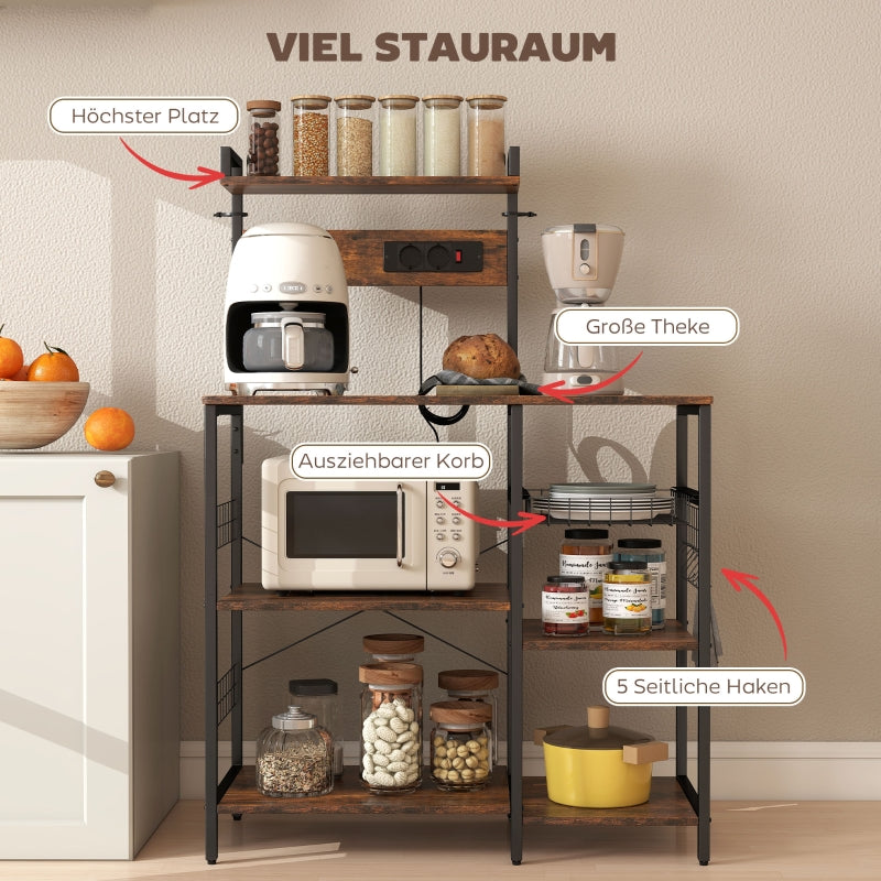 Kitchen Shelf Freestanding 5-Tier 2 Sockets 5 Hooks Basket - Steel