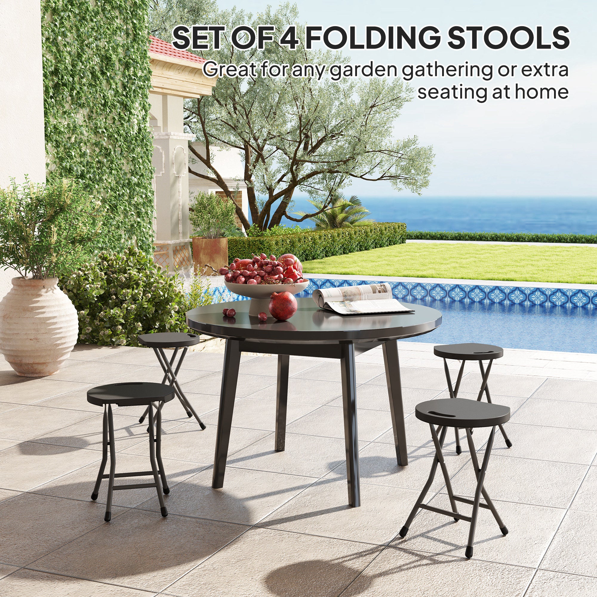 Folding Carry Stools, Set of Four, Charcoal Grey