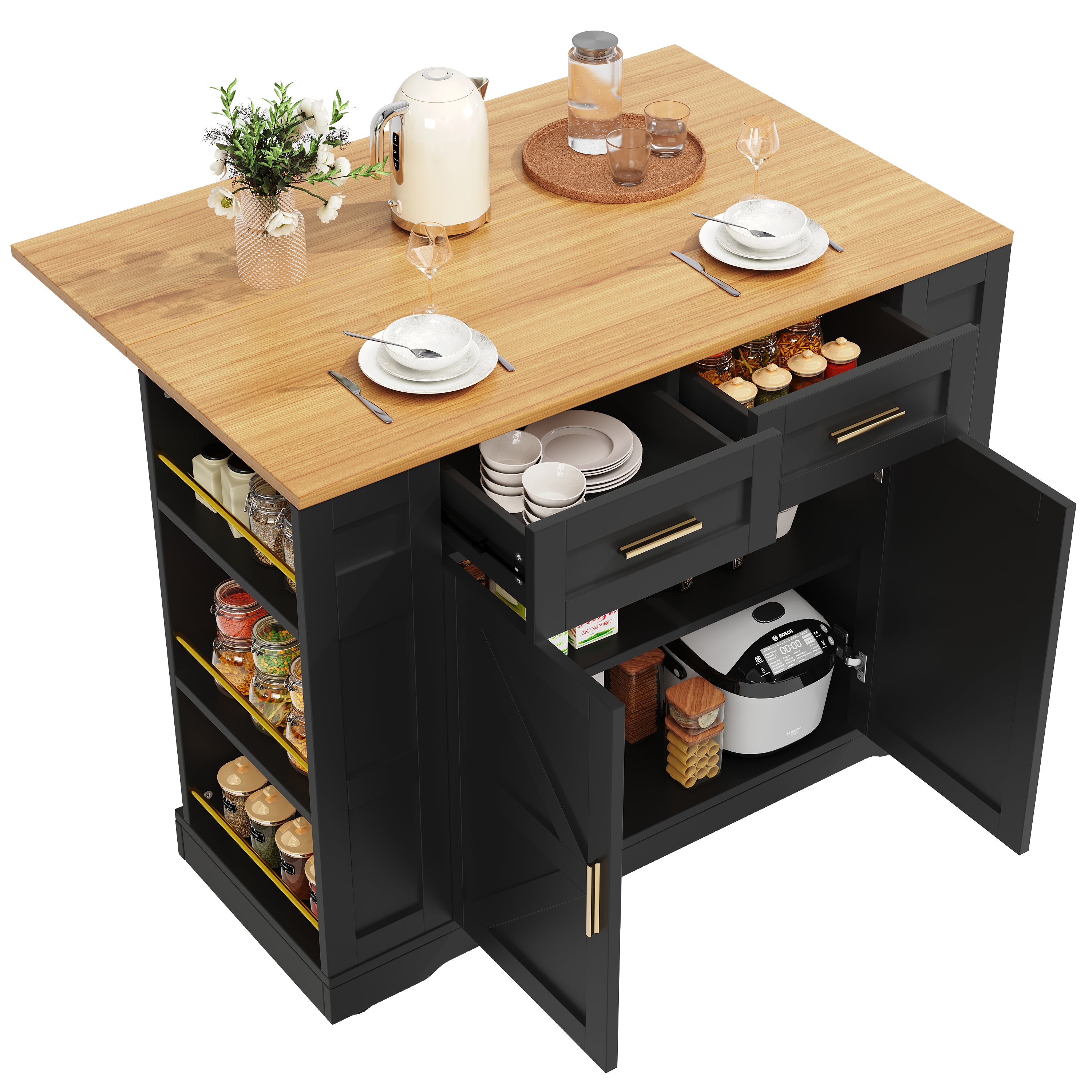 Modern Kitchen Island with Storage and Extendable Tabletop, Black Wood Grain Finish
