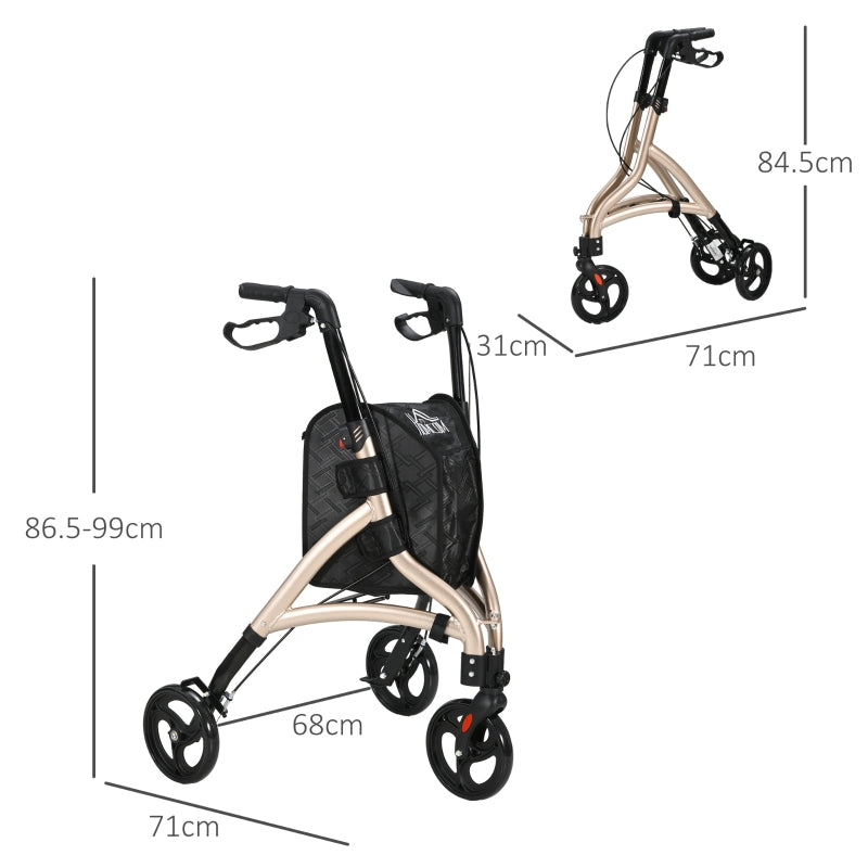 3 Wheel Rollator, Lightweight Aluminium Tri Walker with Adjustable Handle, Storage Bag, Dual Brakes, Gold Tone
