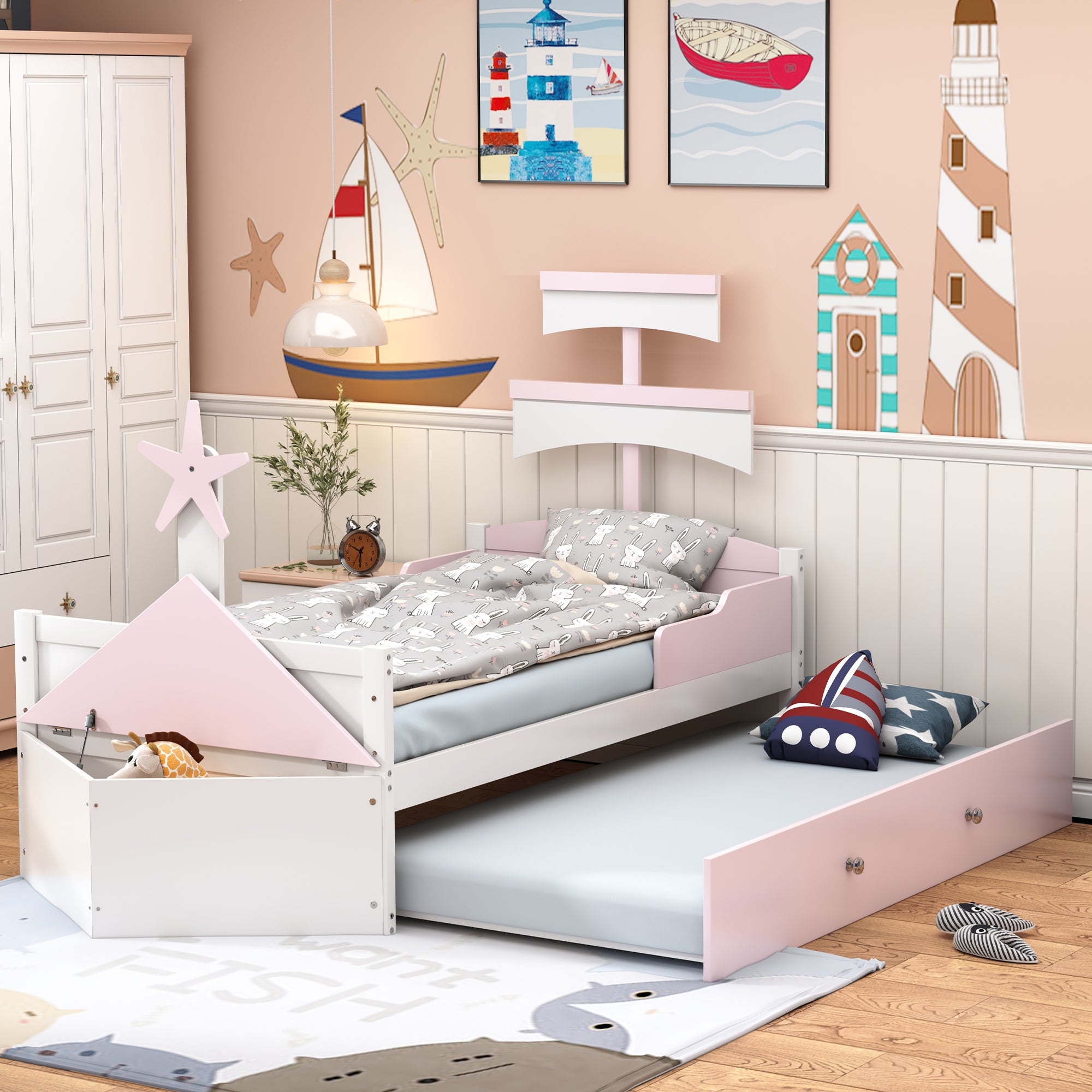 Children's Bed 90*200, Sailboat Shape with Pull-Out Bed & Storage, Pink Wood
