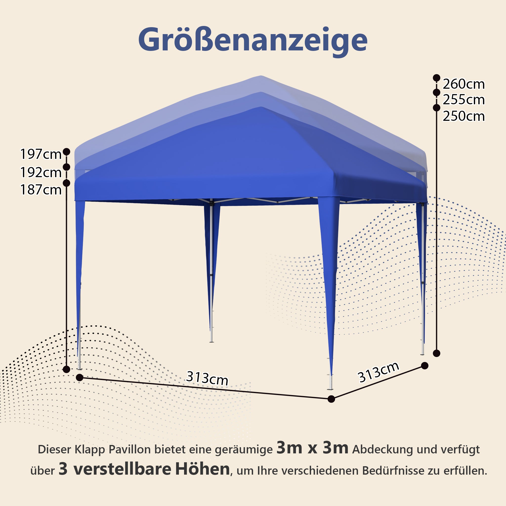 3x3m Pop-up Gazebo, Height-Adjustable Folding Garden Gazebo with 4 Sandbags & Carrying Bag, Blue
