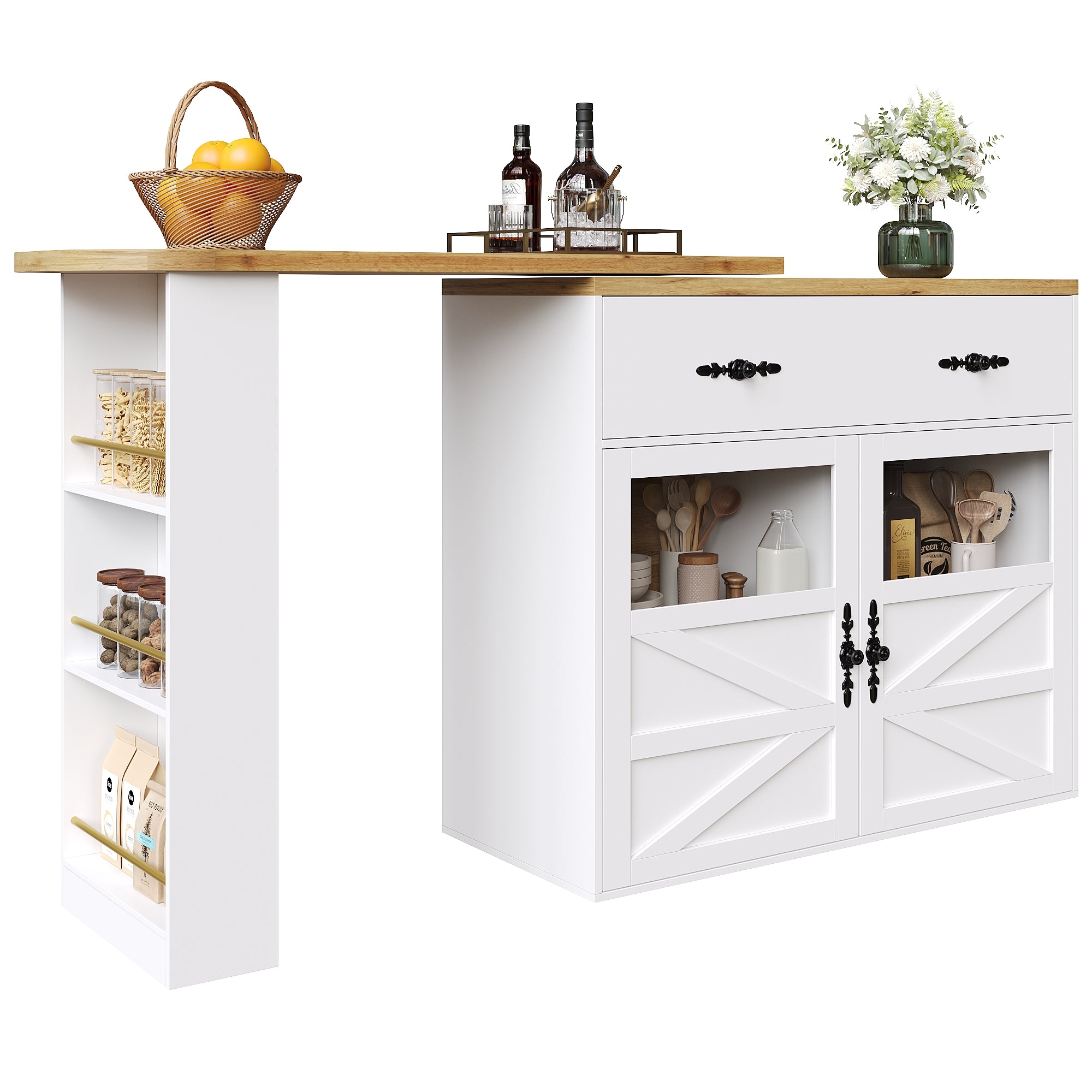 Extendable Bar Table 360° Rotating Storage Shelves - White