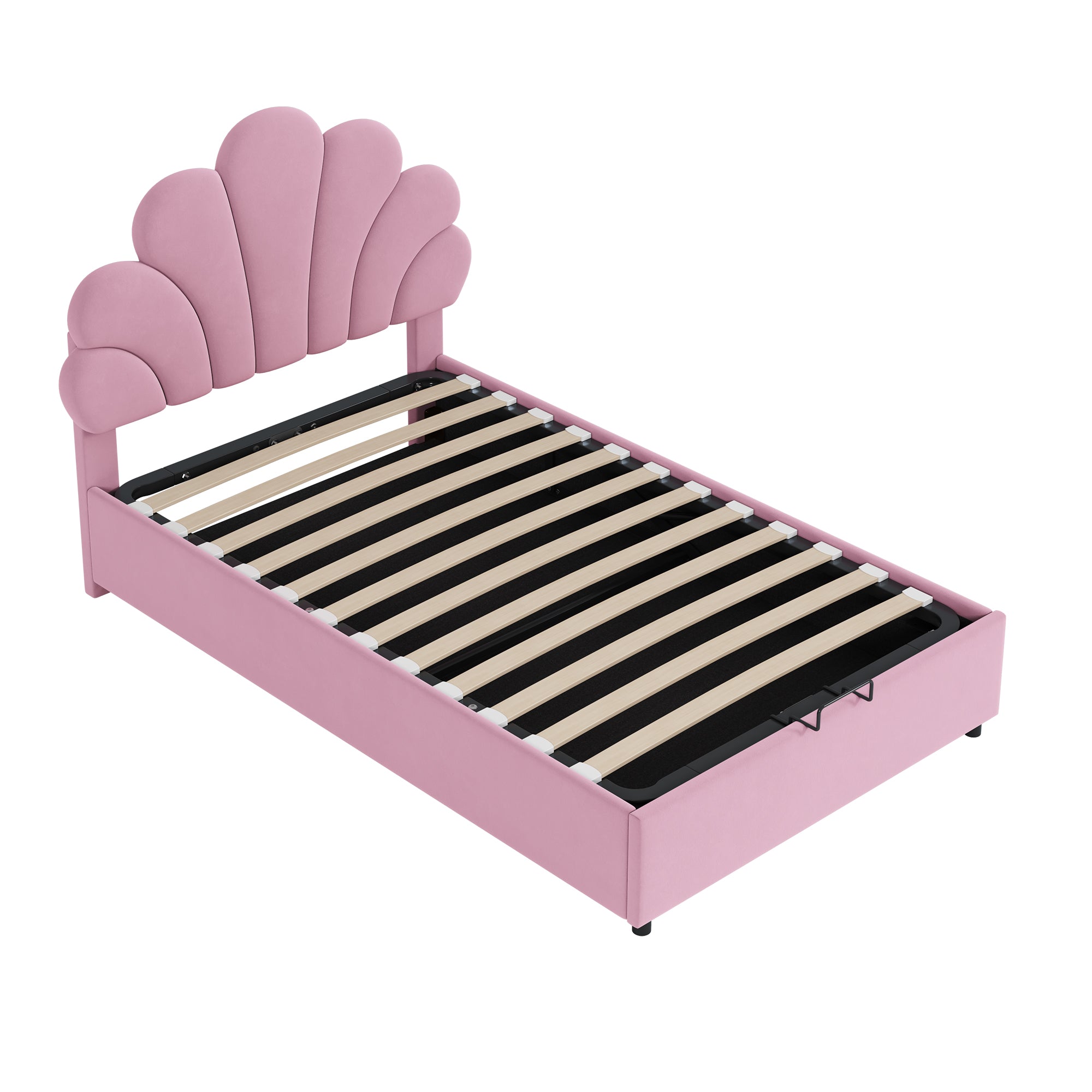Upholstered Children's Bed 90 x 200 cm, Floral Headboard, Hydraulic Storage, Pink Velvet