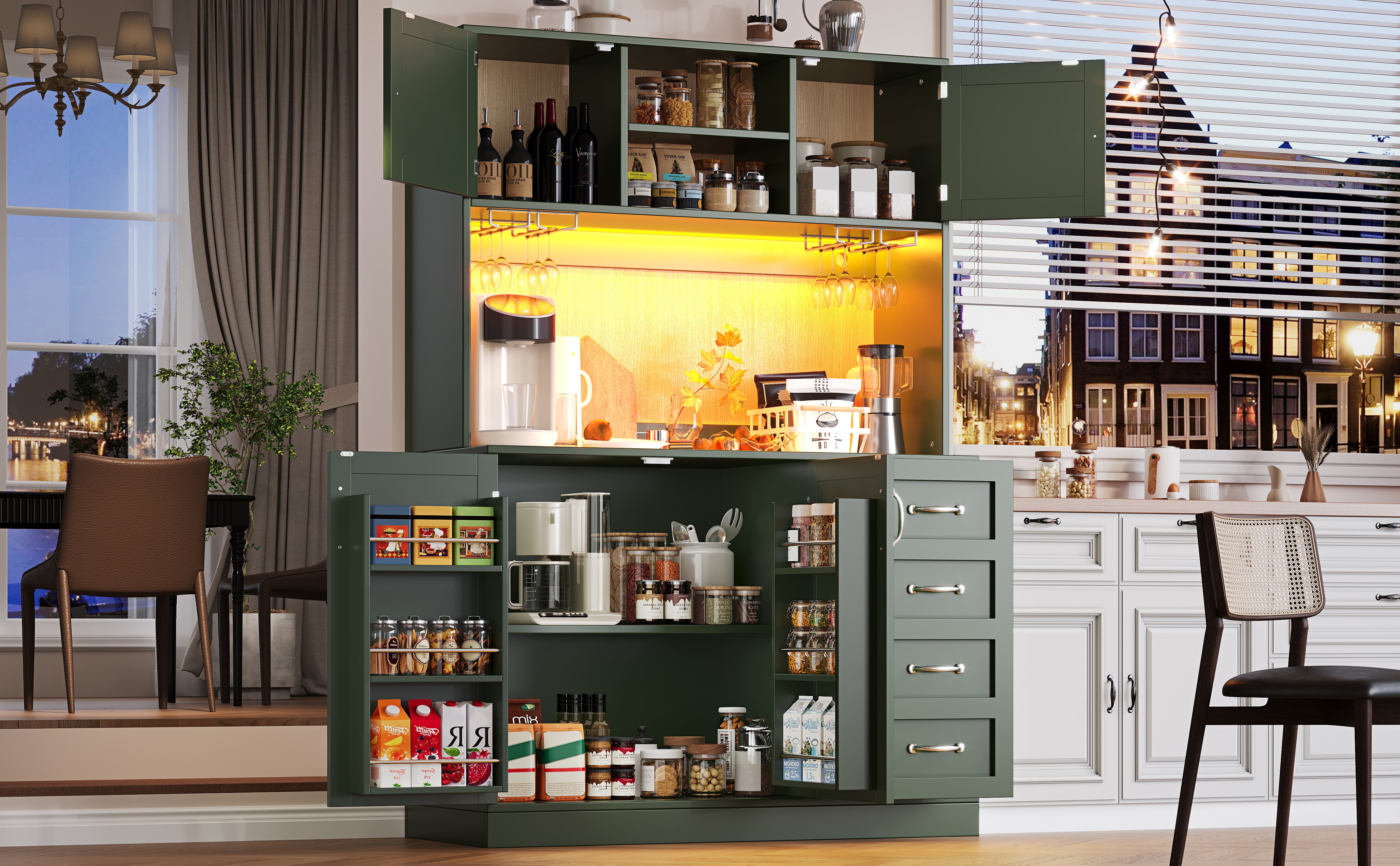 Sideboard with LED Lighting and Drink Holders, Green and White