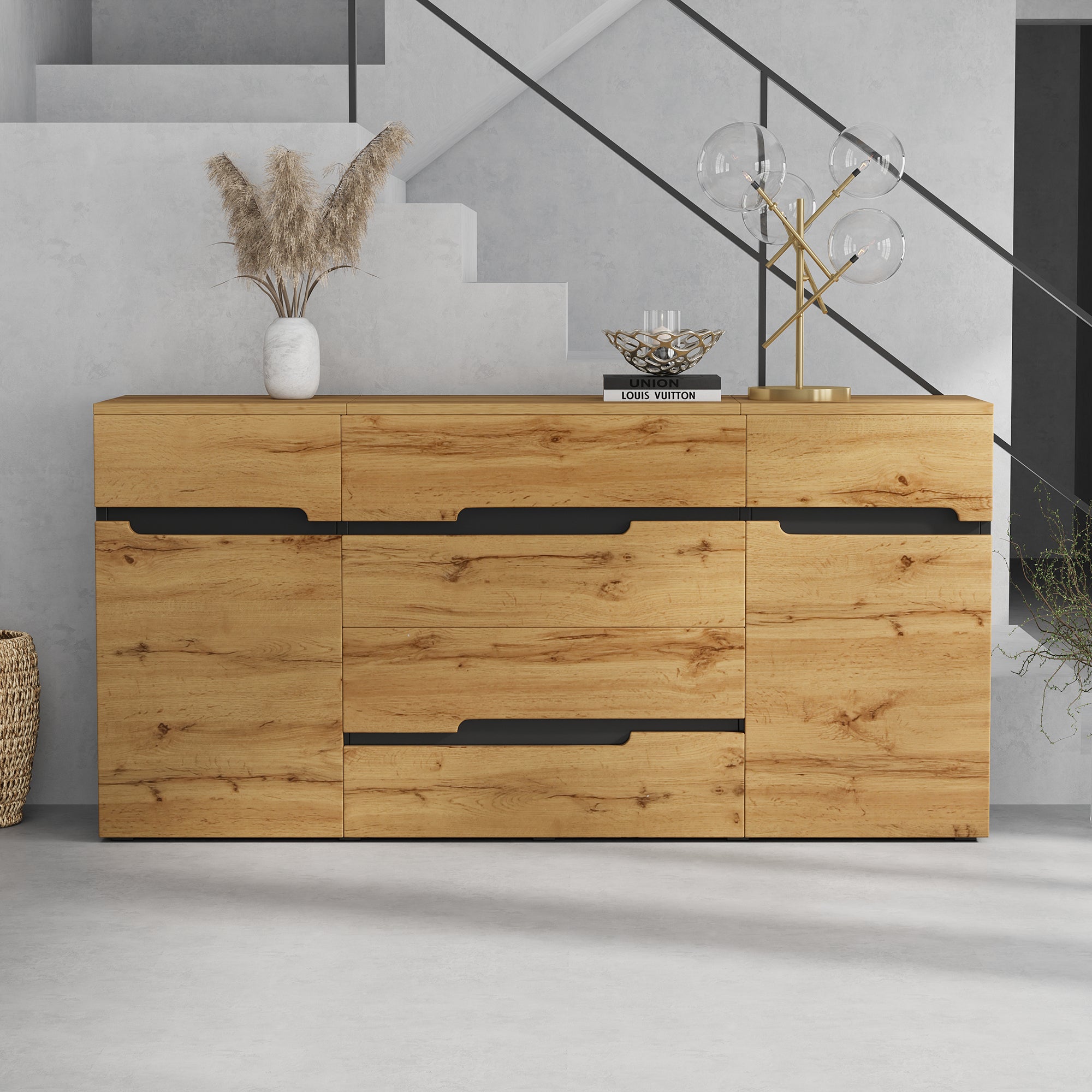 Sideboard Cabinet with 2 Doors, 4 Drawers, Handleless, Wood Color + Black