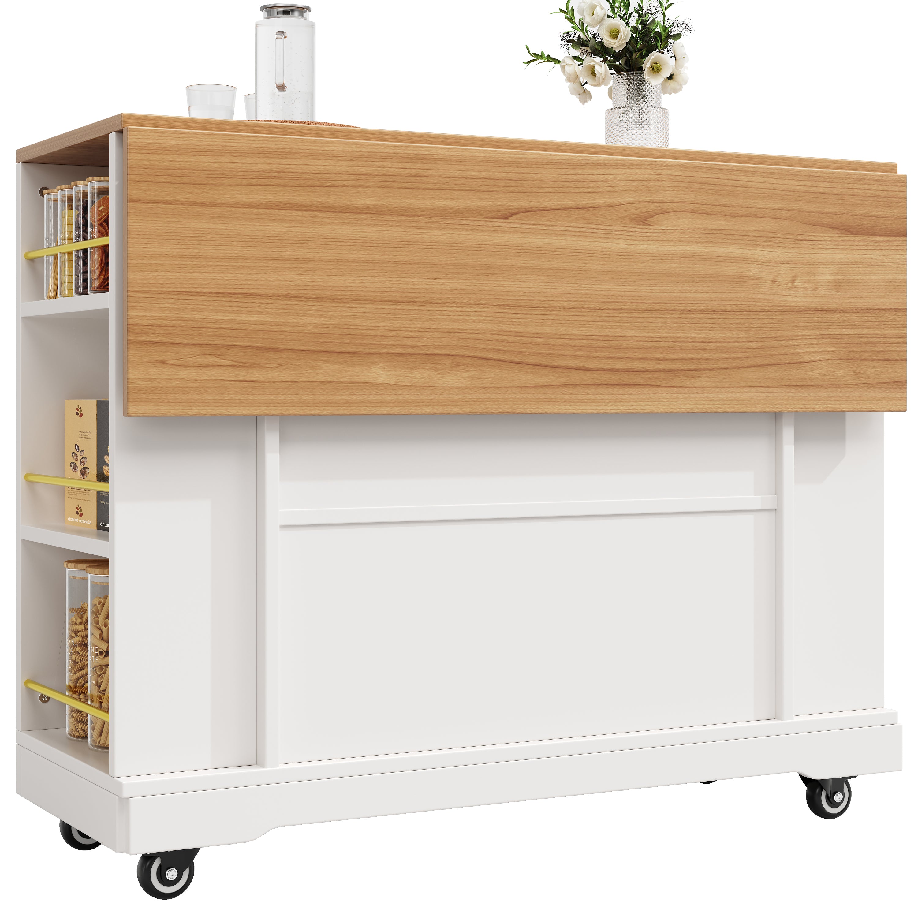 Kitchen Island Extendable Dining Table Storage Wood Grain - White