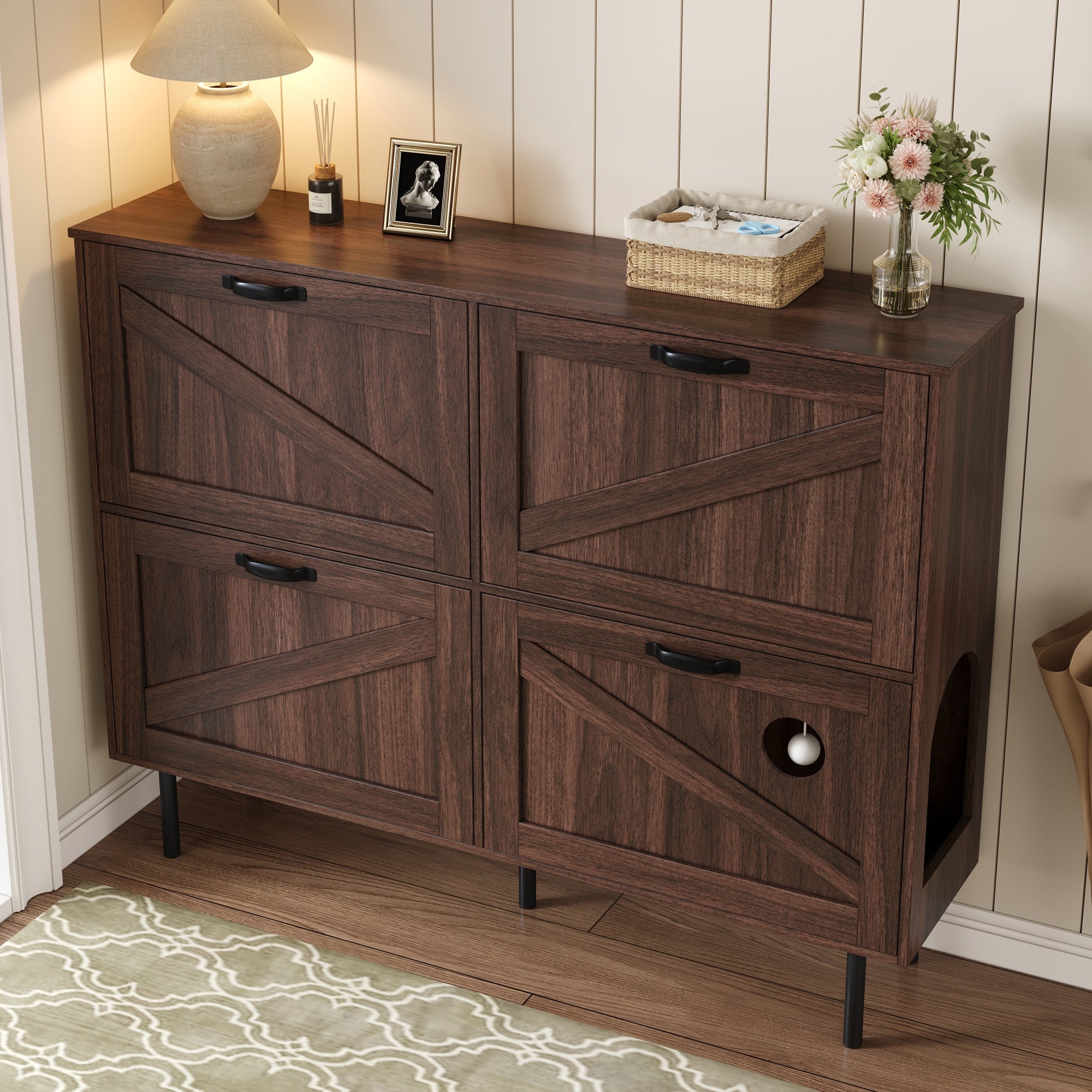 Narrow shoe cabinet with 3 flaps and pet toy storage, for hallway use