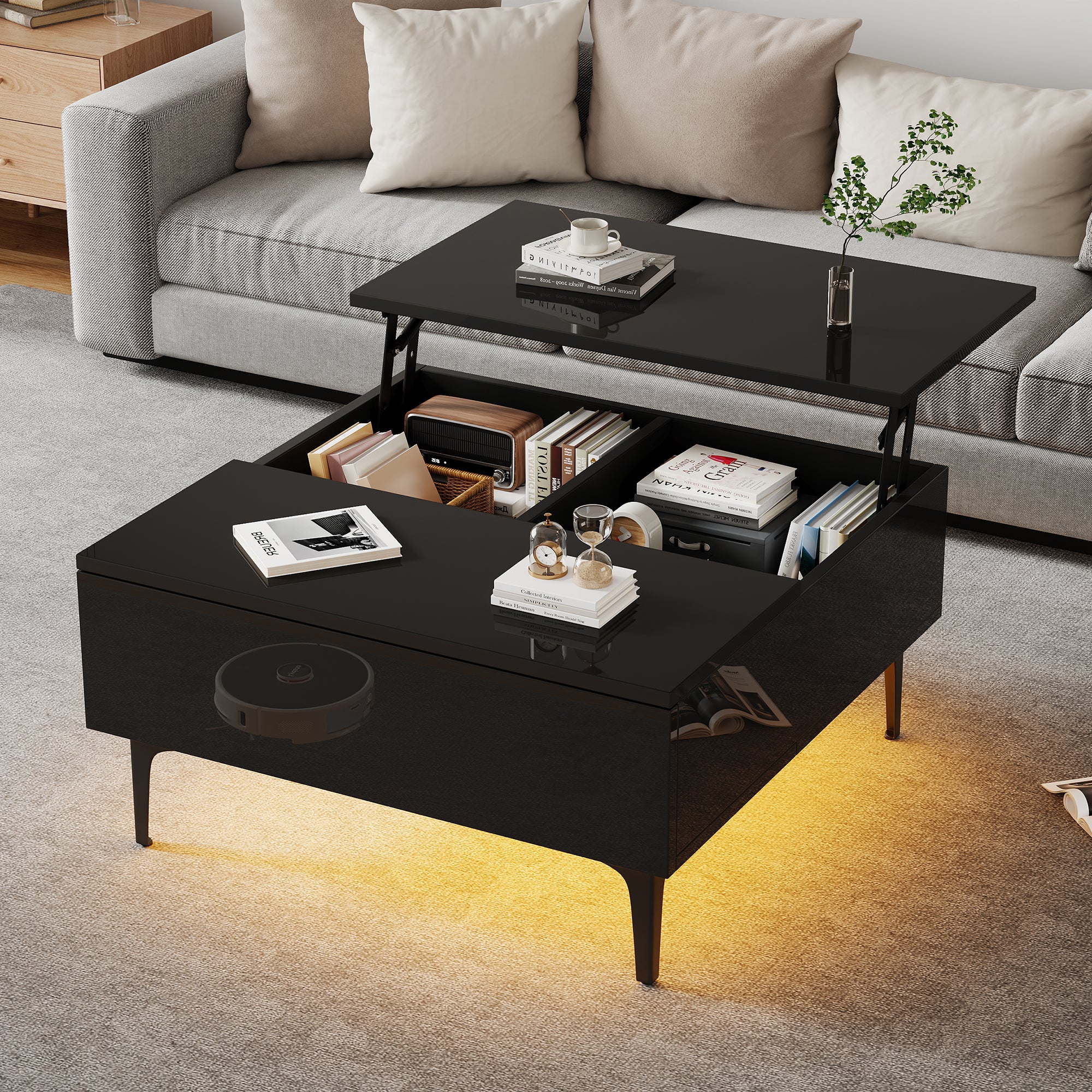 Coffee Table, 70x70x35cm Height-Adjustable with Hidden Storage & Shelves, Black High-Gloss