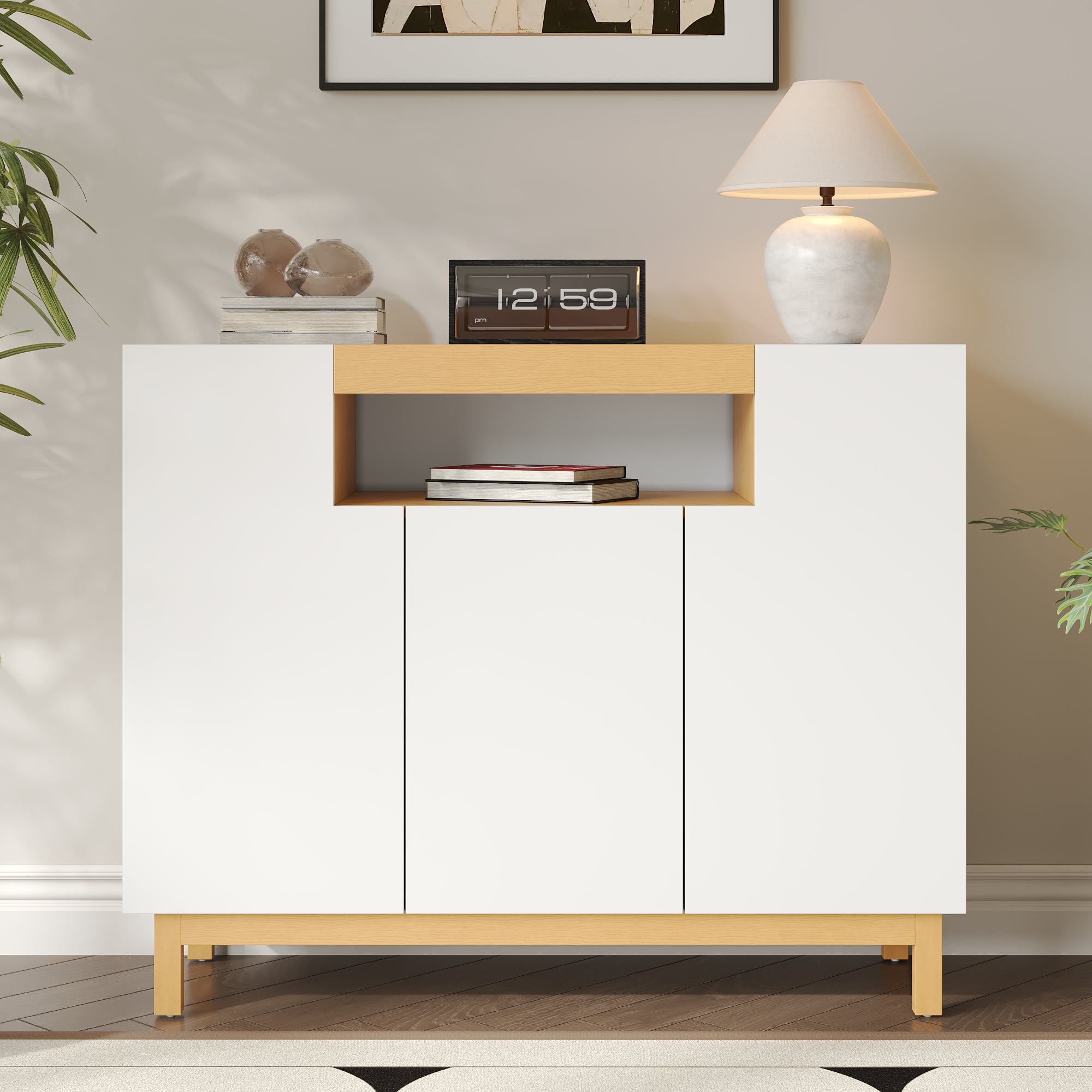 Sideboard, 3-Door Multifunctional Storage Cabinet for Living & Dining, White