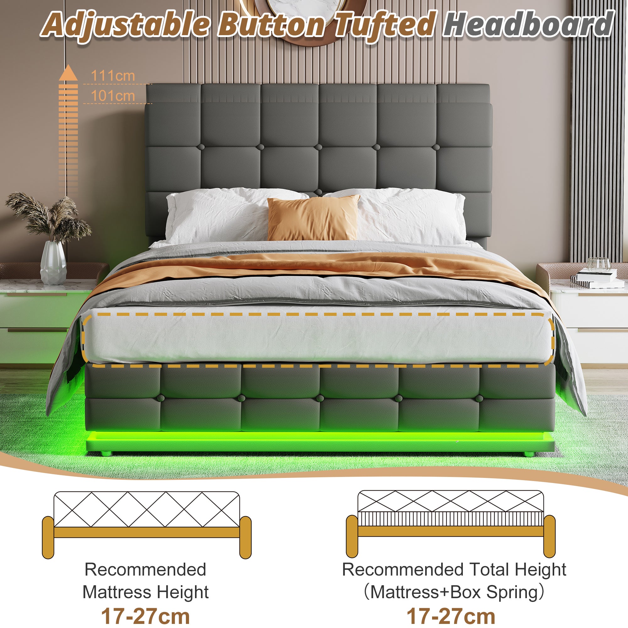 Ottoman Double Bed with LED Lighting, Hydraulic Storage, Adjustable Headboard, Grey PU Leather
