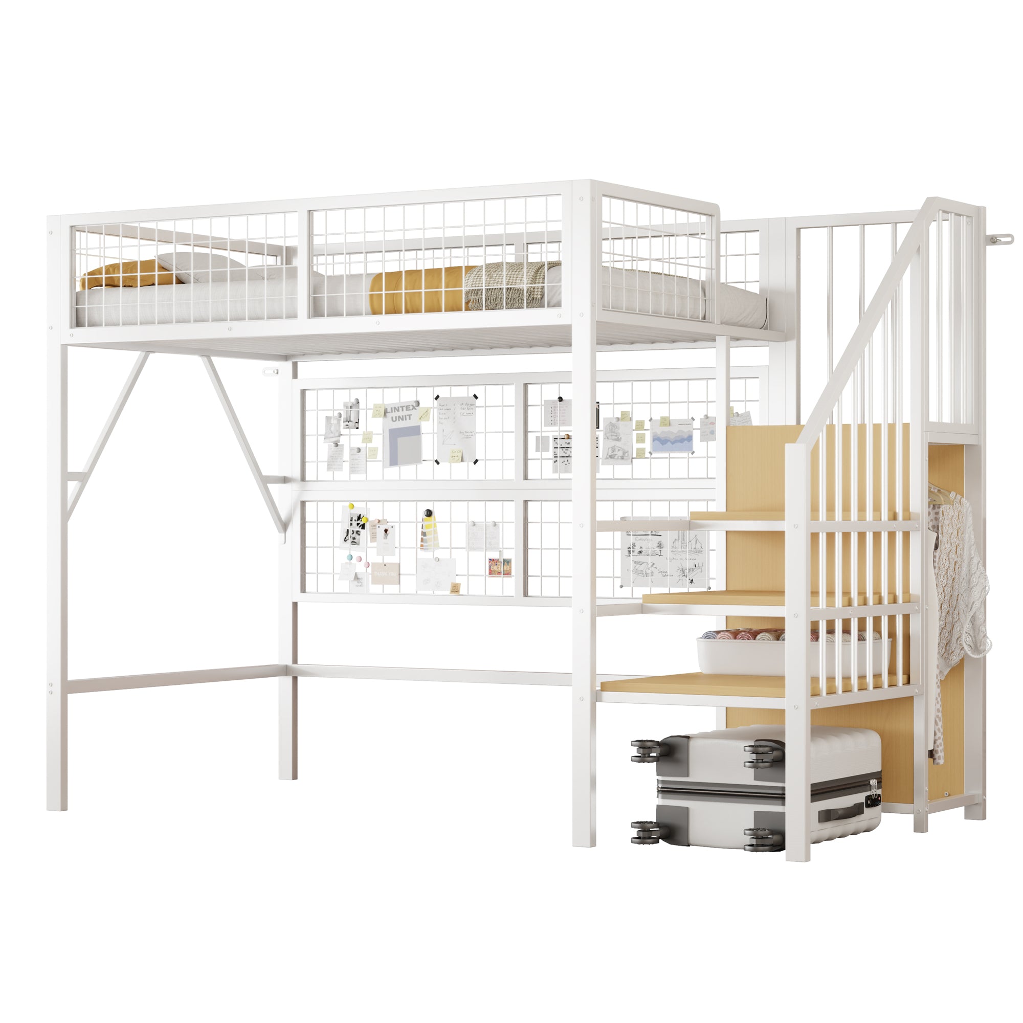 Iron Loft Bed, 90x200 with LED, Storage Stairs, Open Wardrobe, Black and White Metal
