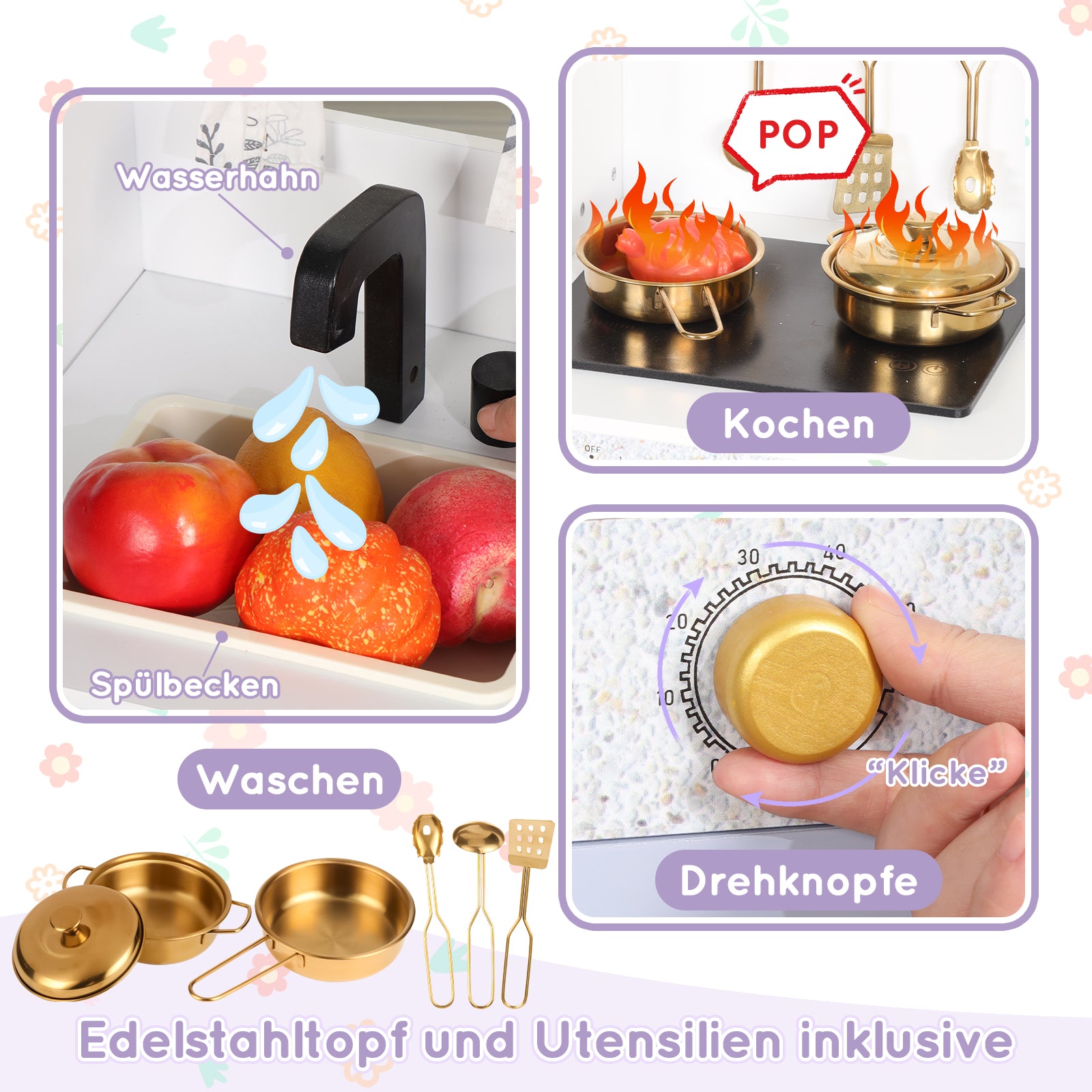 Children's Play Kitchen with Creative House Design and Accessories, White and Purple