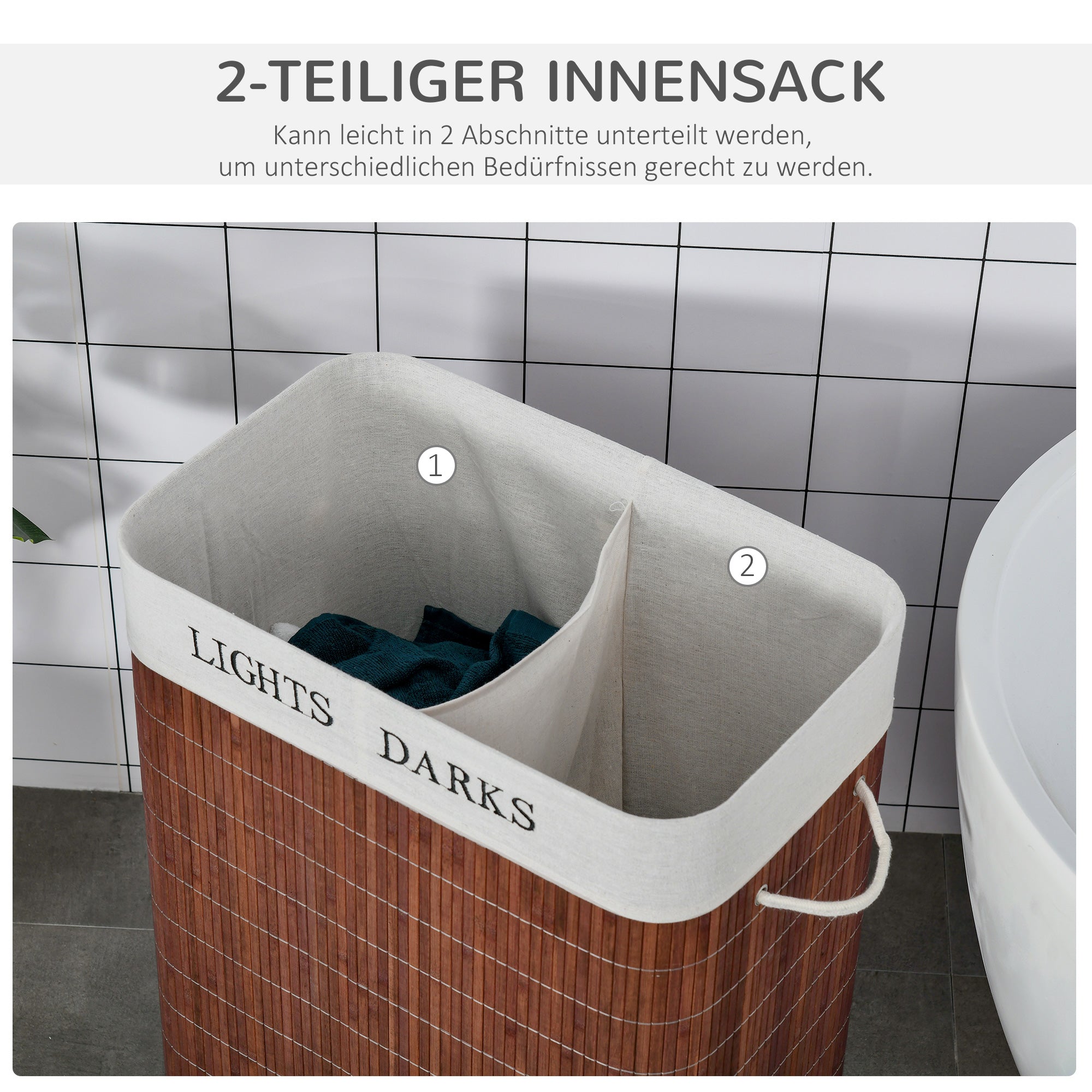Laundry Basket Hamper 100L 3 Handles Washable Bag, Bamboo Cotton Metal Brown+White