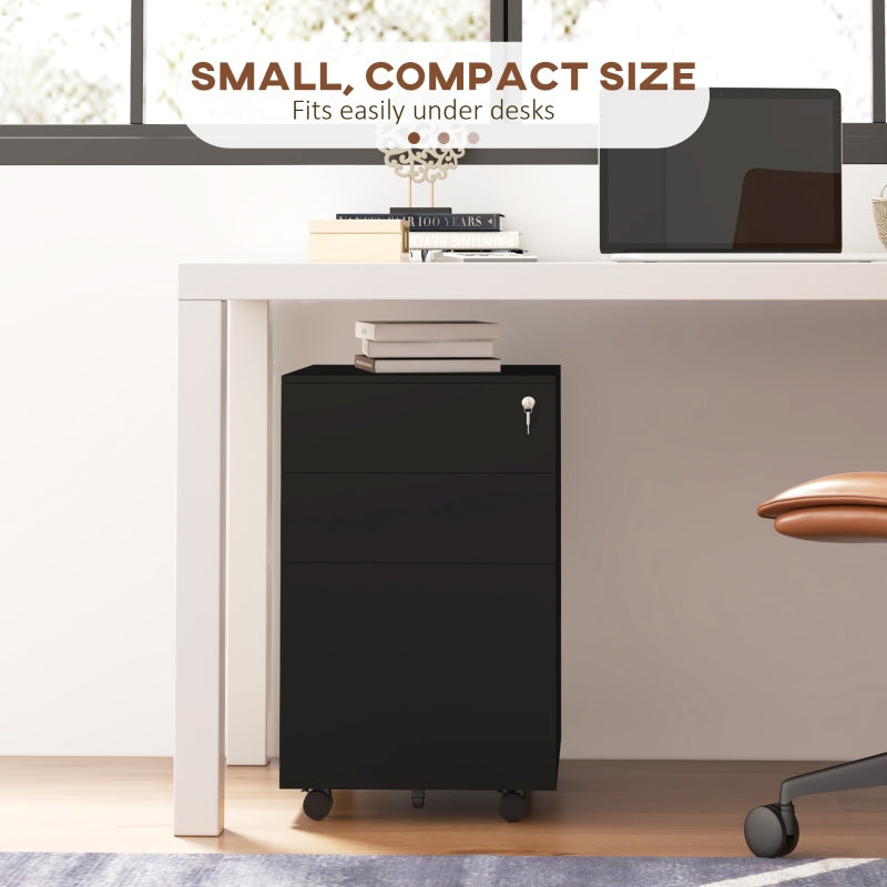 3-Drawer Vertical Filing Cabinet, Mobile with Lock and Wheels, Steel, Black