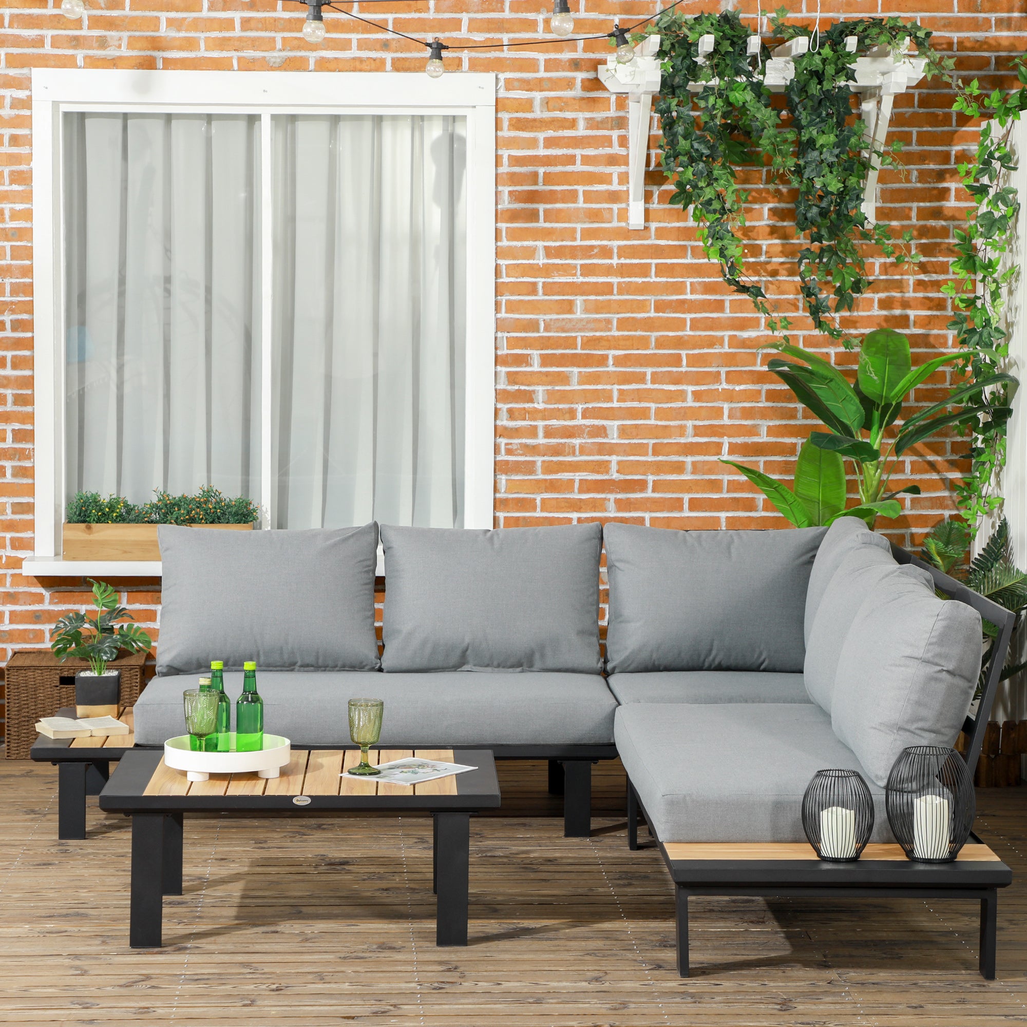 4 Piece Aluminium L-Shape Garden Sofa Set with Tables and Cushions, Dark Grey